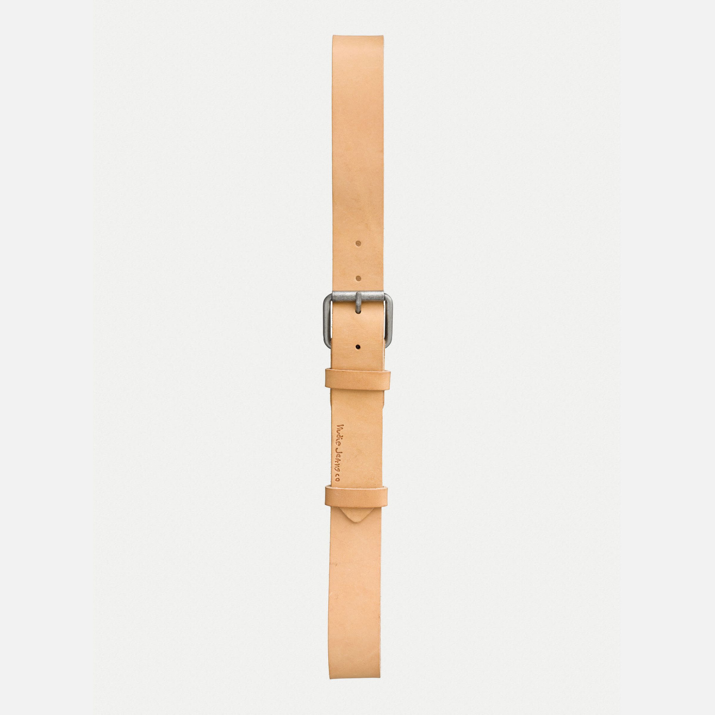 Nudie Jeans Pedersson Leather Belt in Natural, a men's leather belt laid flat against a light grey background.