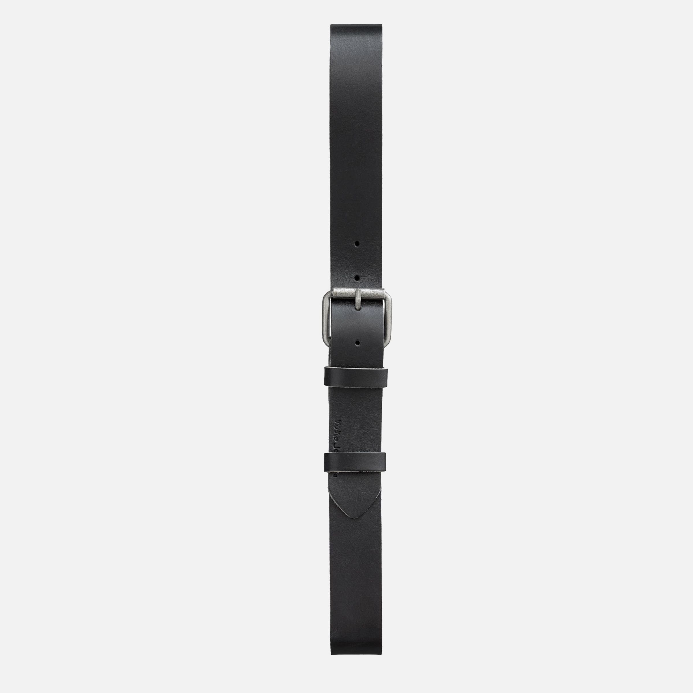 Nudie Jeans Pedersson Leather Belt in Black, a men's leather belt laid flat against a white background.