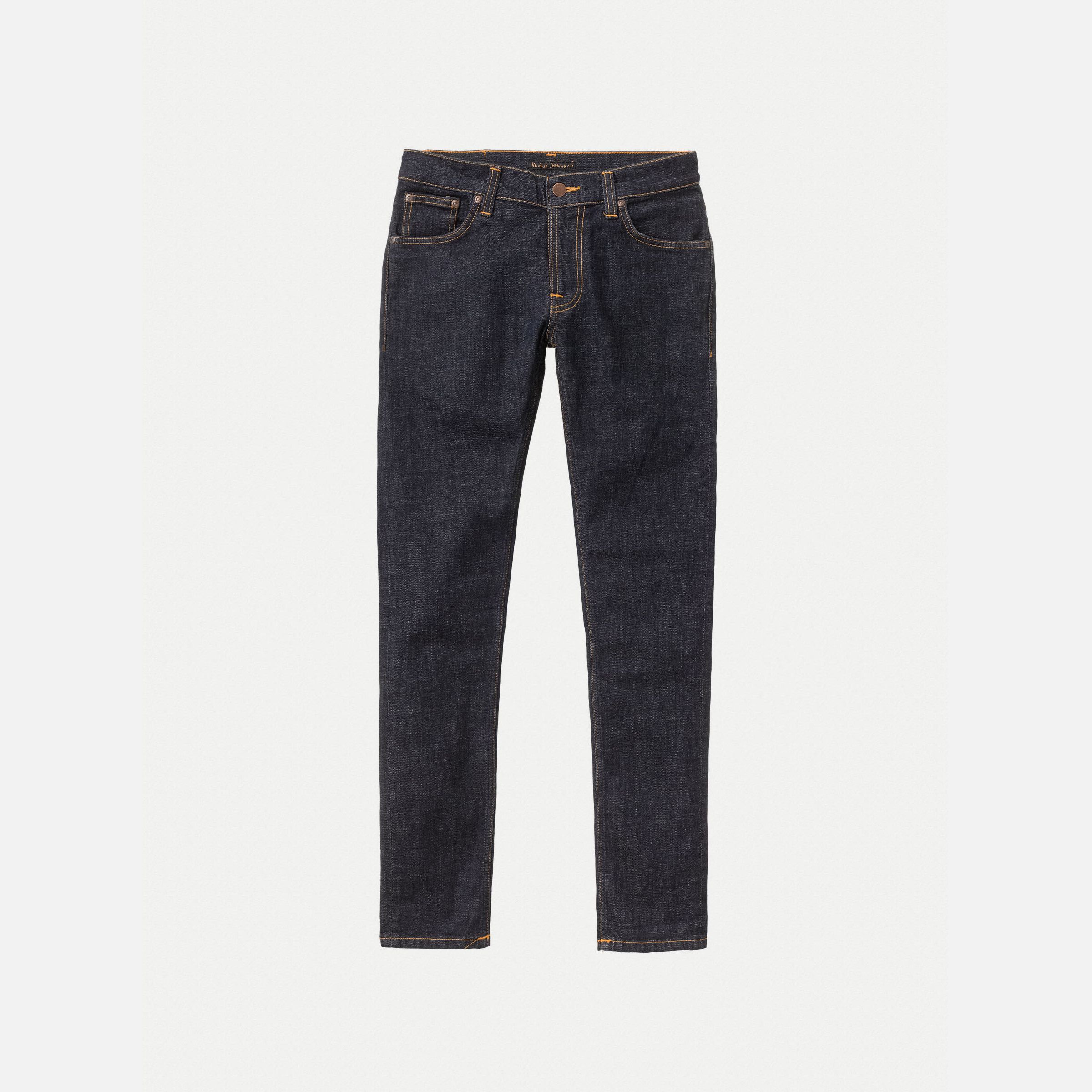 Nudie Jeans Tight Terry in Rinse Twill, a pair of men's tight-fit jeans shown laid flat.