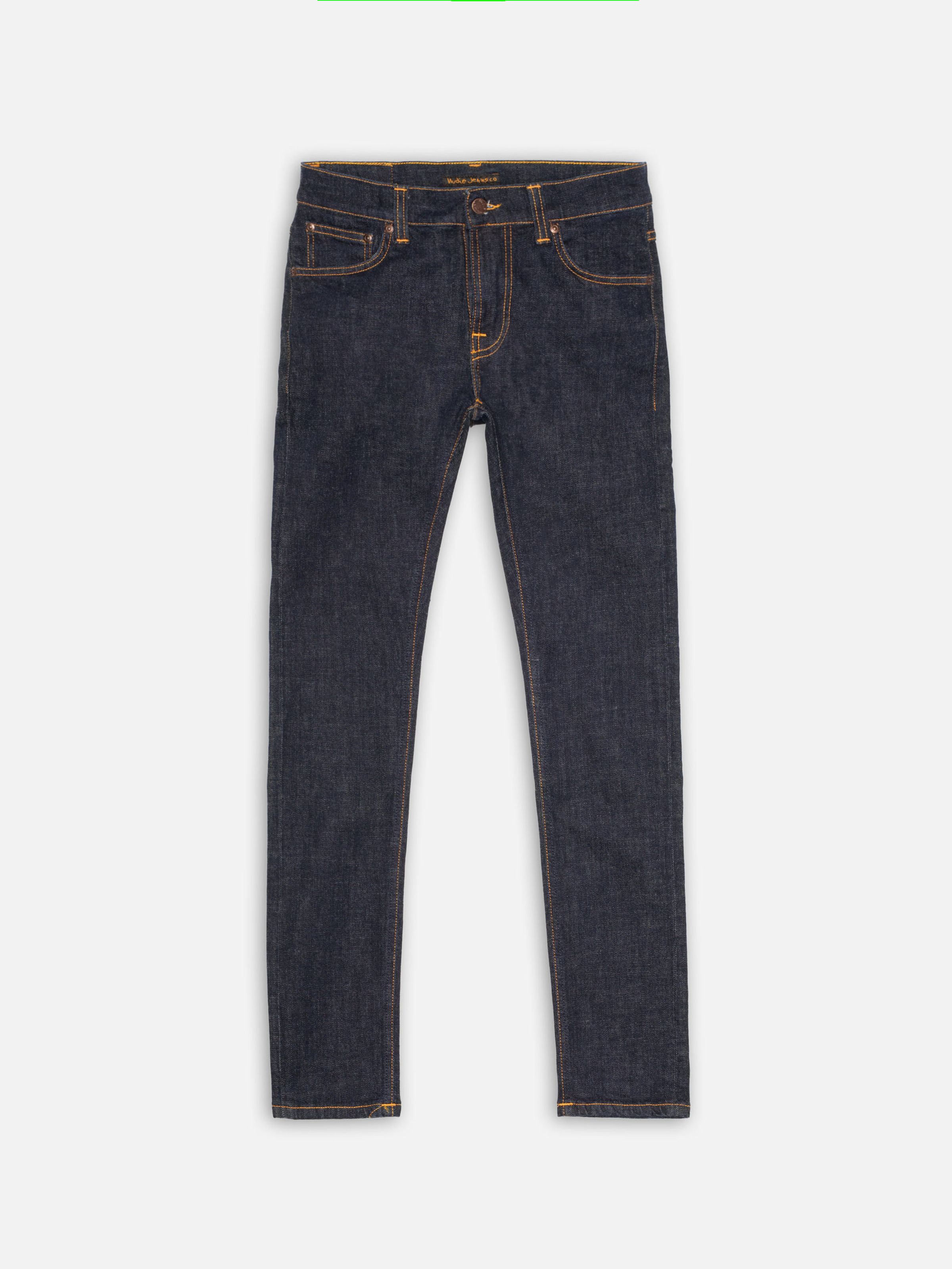 Nudie Jeans Tight Terry Rinse Twill, men's tight fit jeans, laid flat and shown from the front.