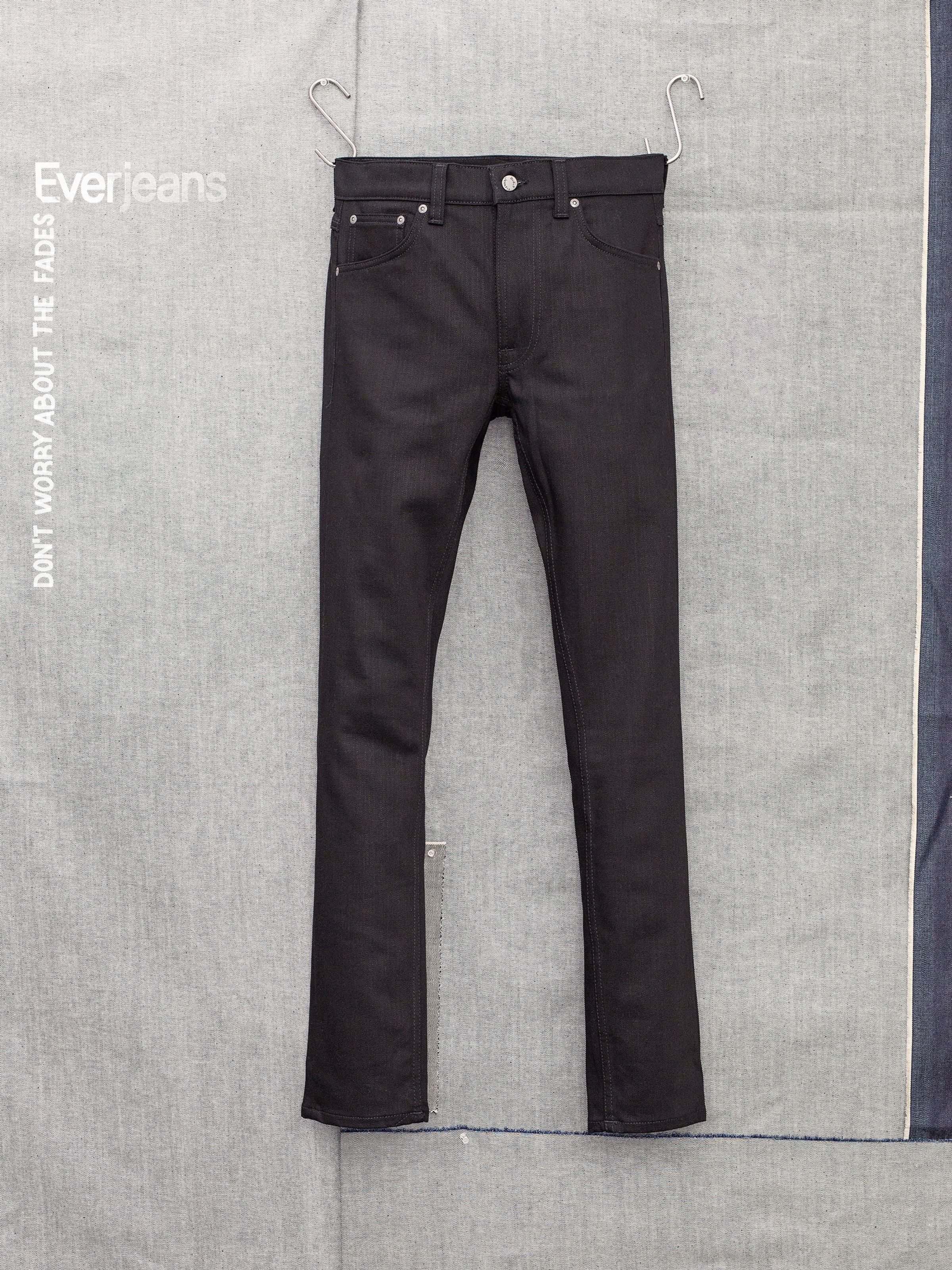 Nudie Jeans Lean Dean Dry Everblack, men's slim tapered jeans shown flat from the front.