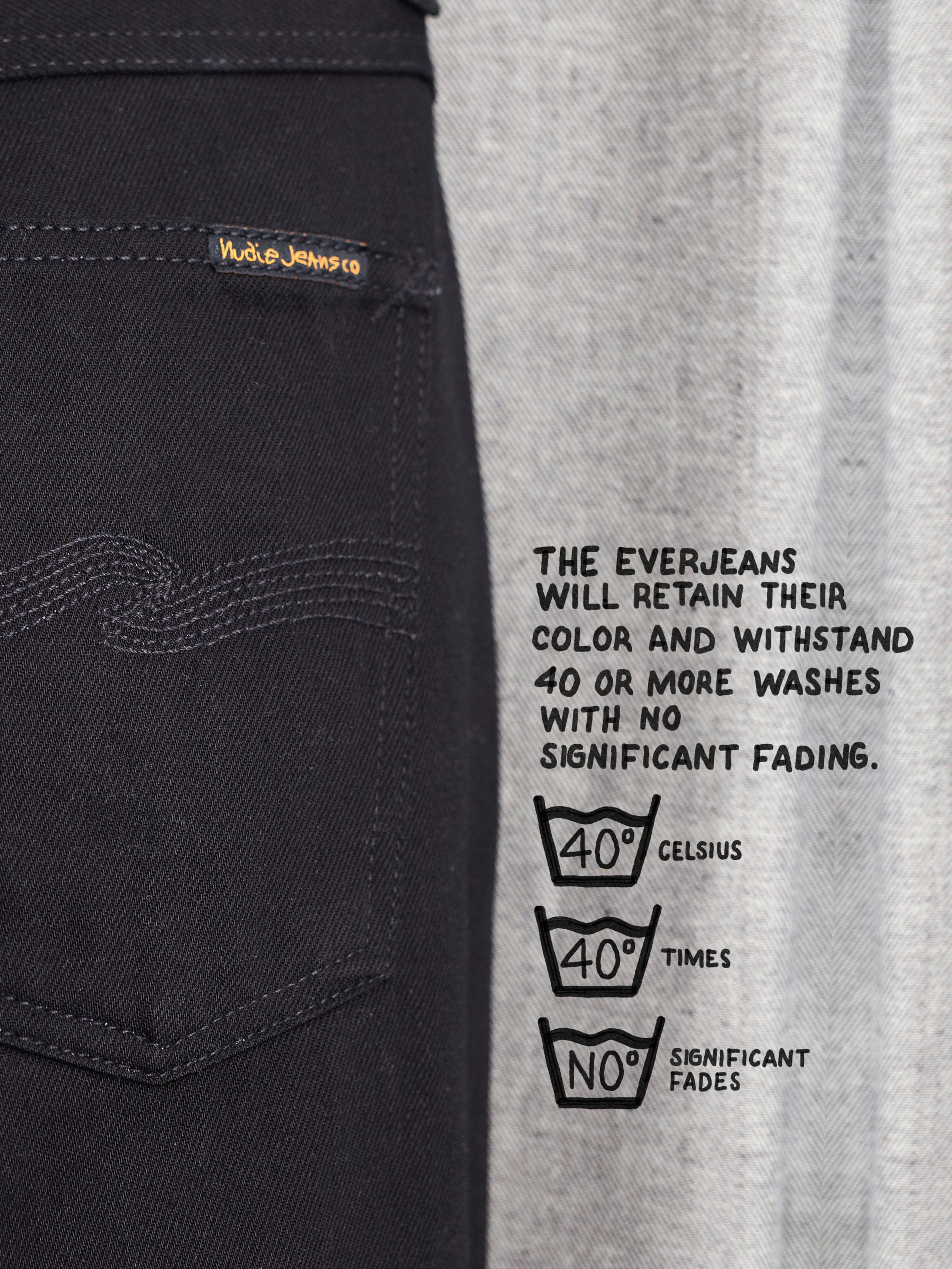 Nudie Jeans Lean Dean Dry Everblack, men's slim tapered jeans, detail of the back pocket with Everblack fabric information.