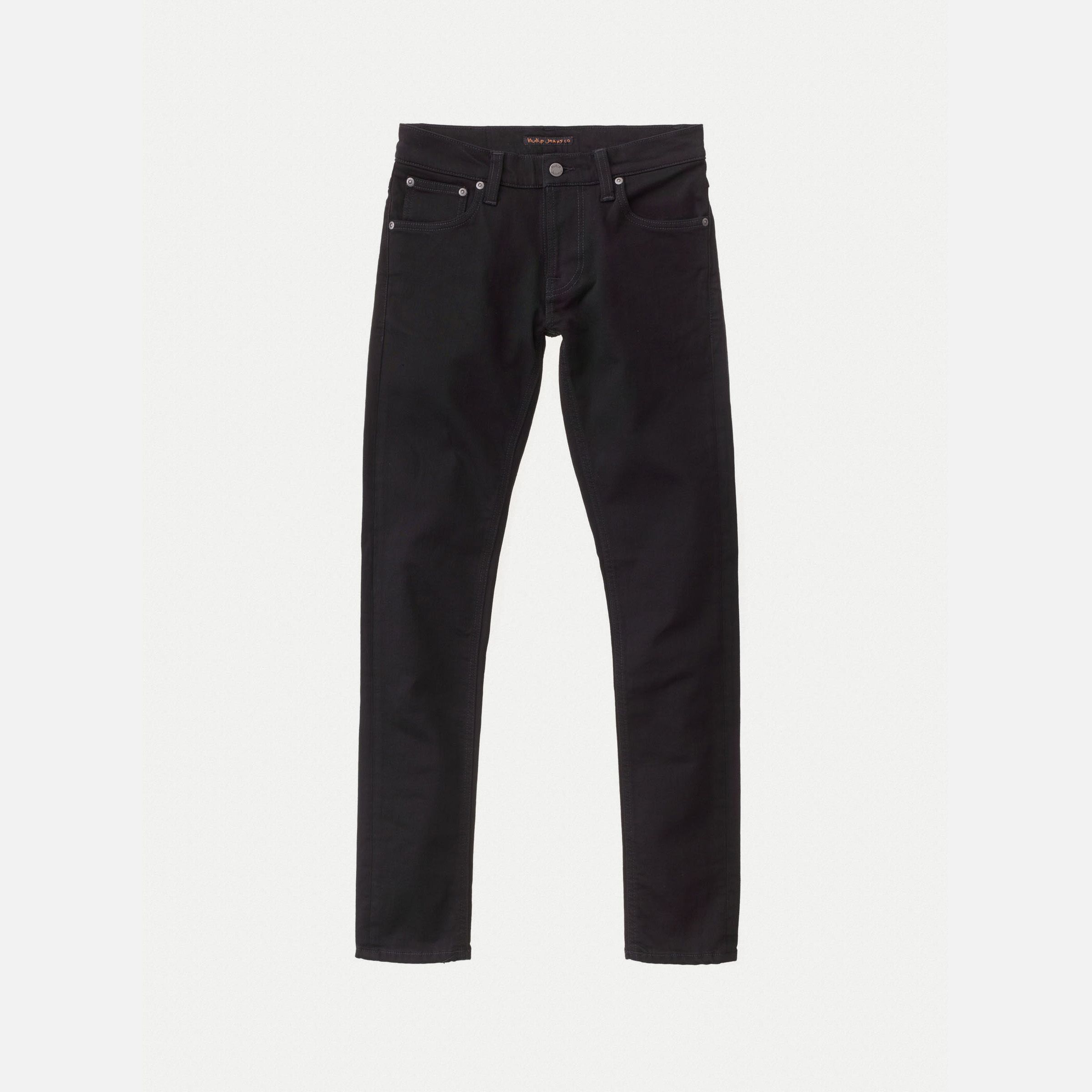 Nudie Jeans Tight Terry jeans in Everblack, a pair of men's tight fit jeans laid flat against a light background.