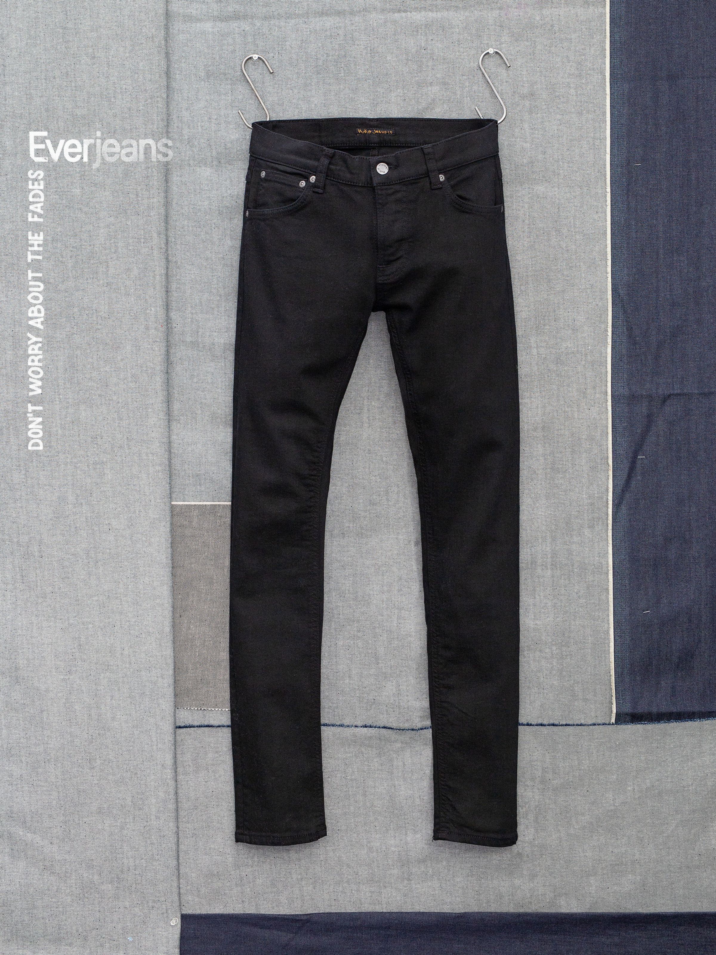 Nudie Jeans Tight Terry Everblack, men's tight fit jeans, shown in a front flat lay.