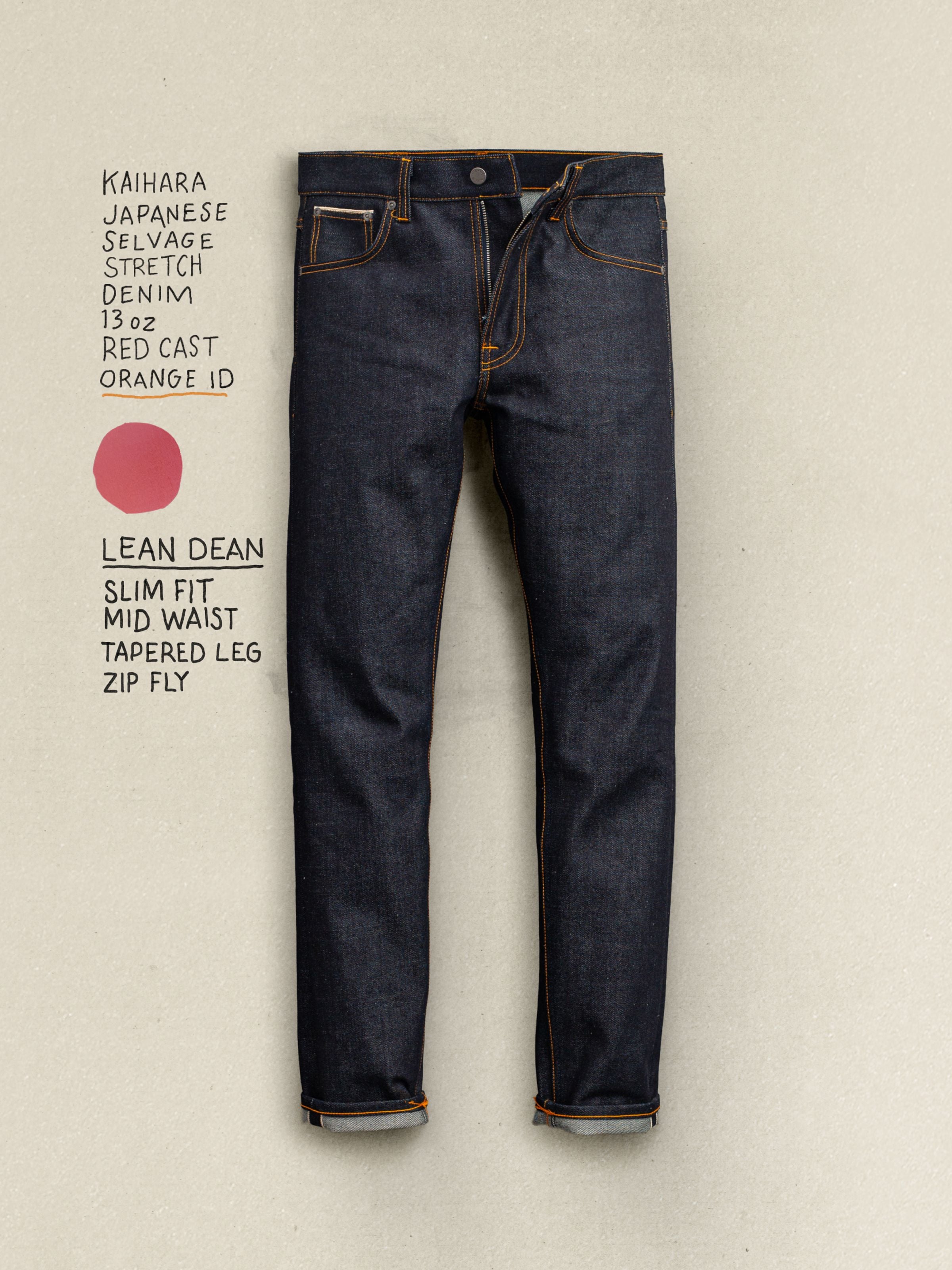 Nudie Jeans Lean Dean Dry Japan Selvage, slim tapered men's jeans in dark Japanese selvedge denim, shown in a full flat shot.