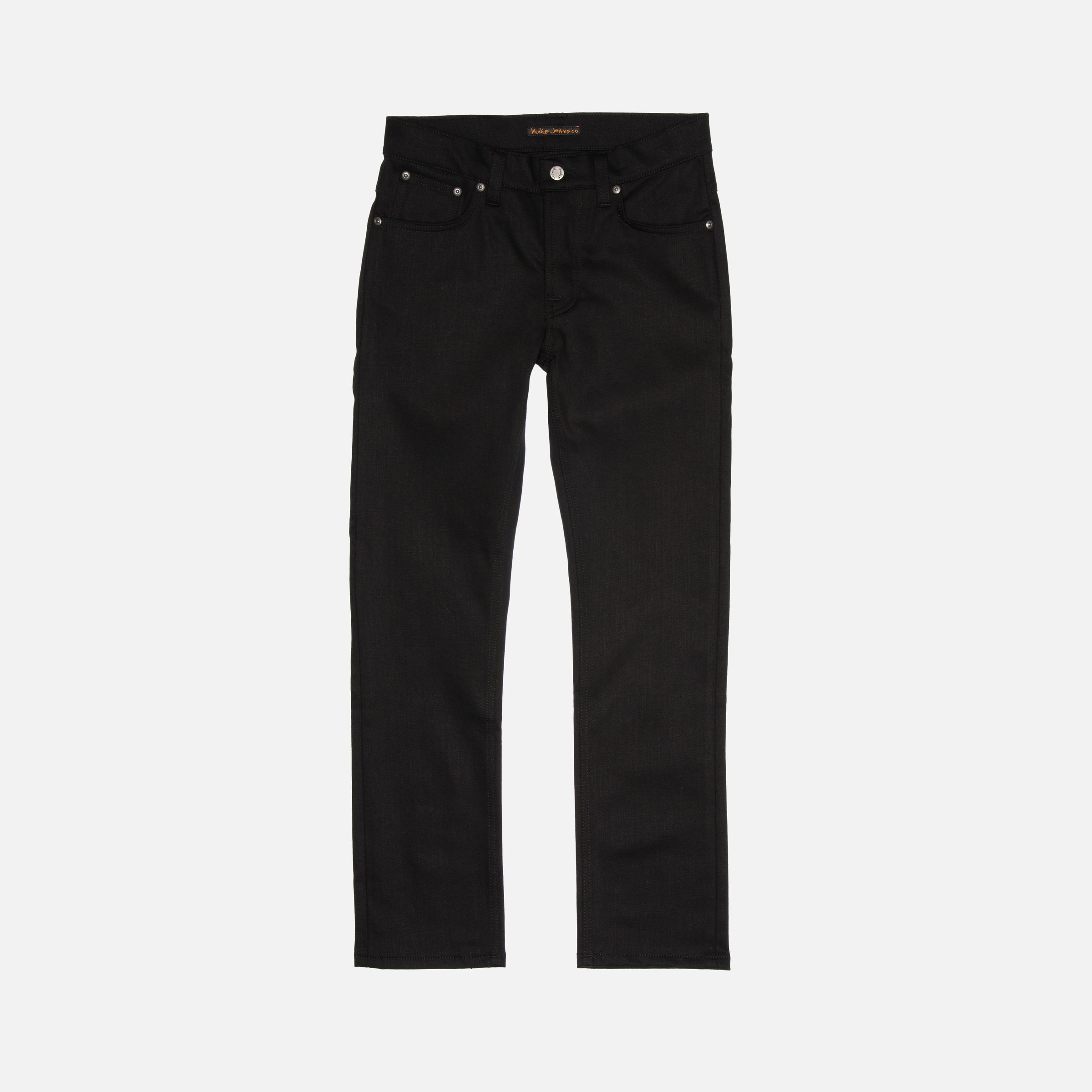 Nudie Jeans Grim Tim Dry Everblack, men's slim fit jeans shown laid flat against a white background.