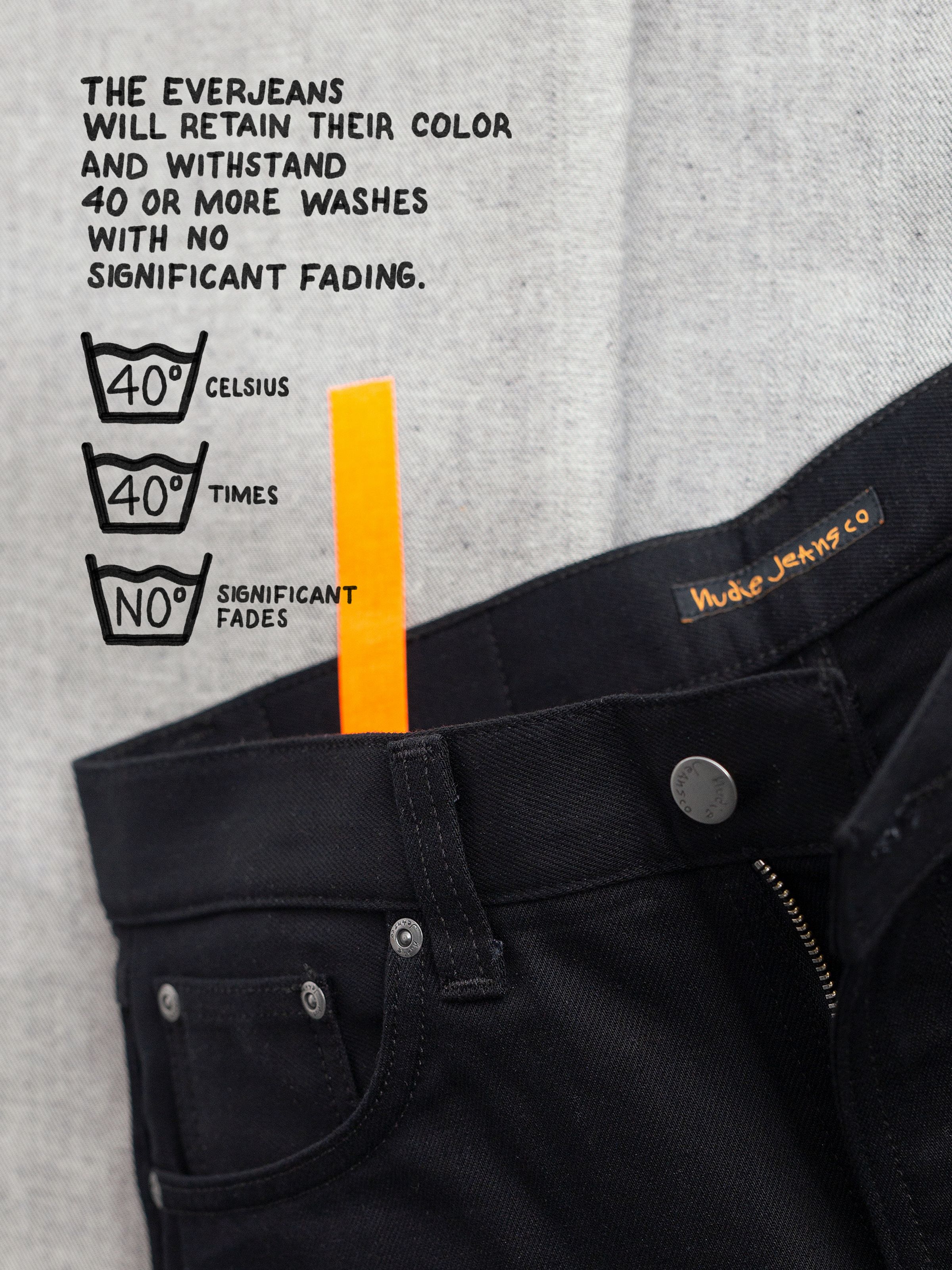 Nudie Jeans Grim Tim Dry Everblack, men's slim fit jeans, detail shot illustrating the colorfastness of the Everblack fabric.