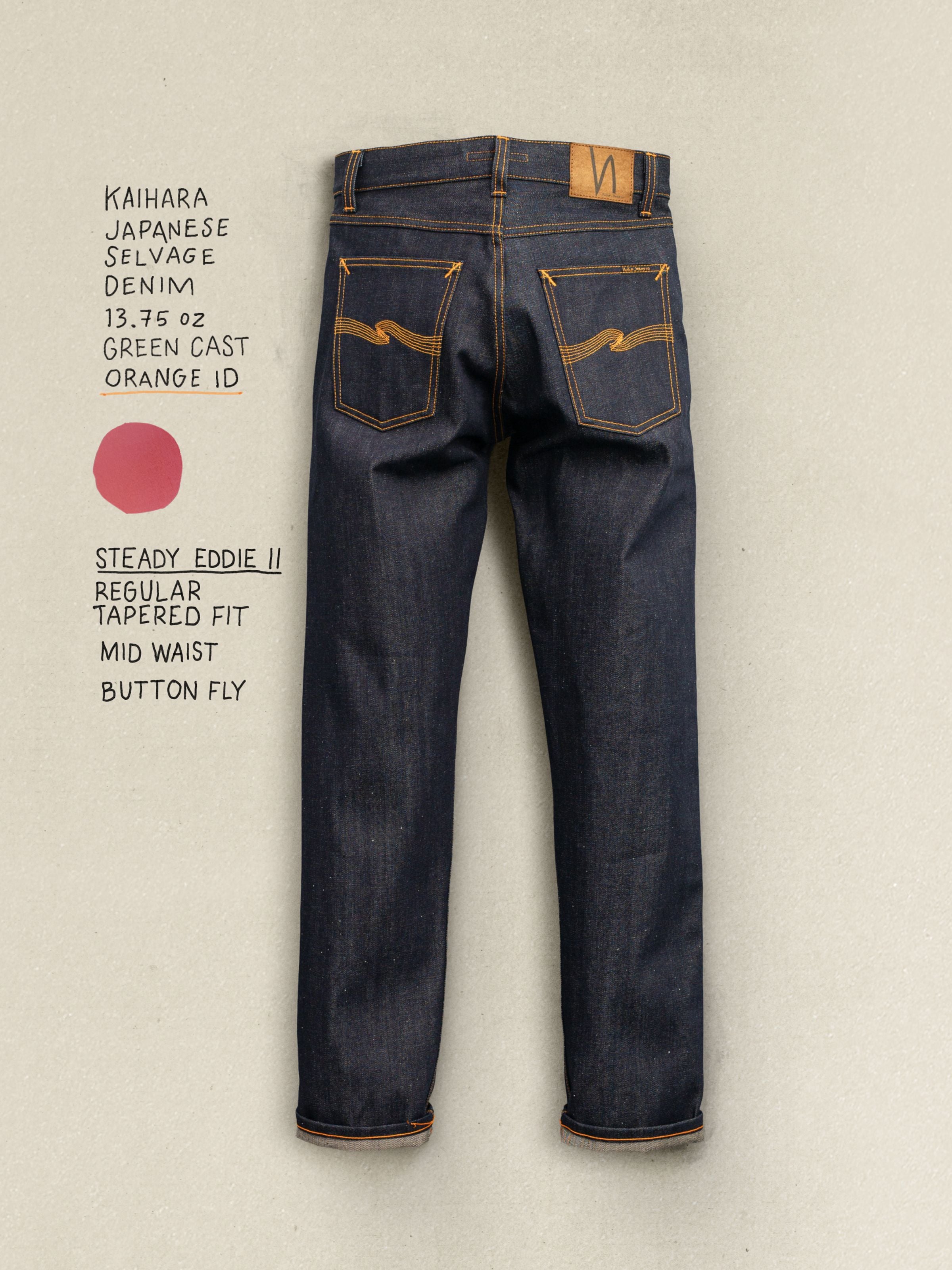 Steady Eddie II Dry Selvage jeans from the back, showing organic cotton selvedge denim and a jacron patch.