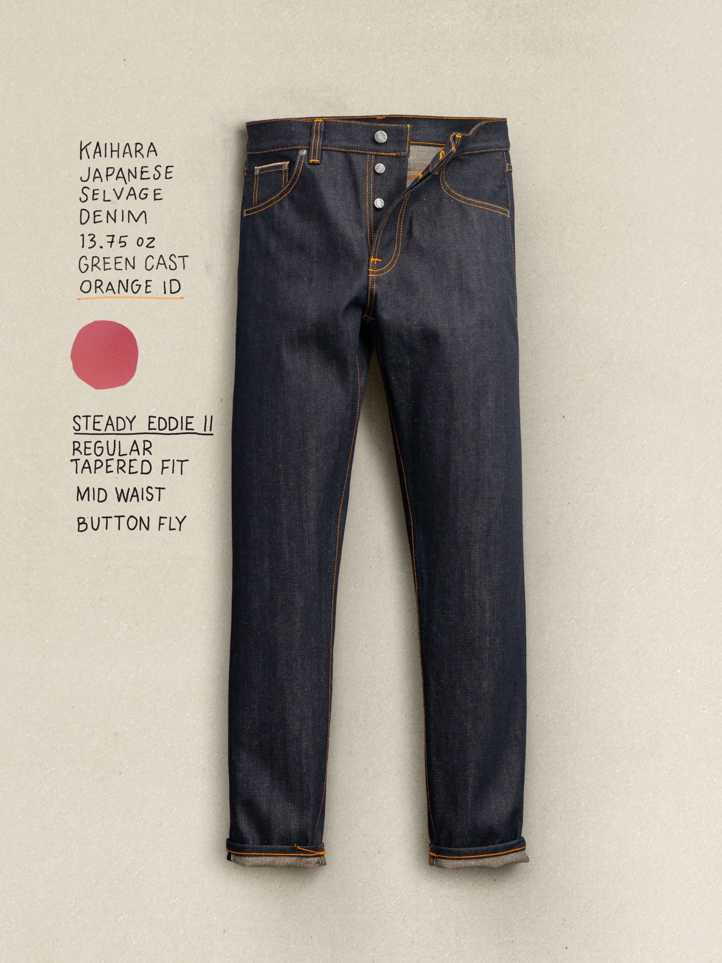 Steady Eddie II Dry Selvedge, regular tapered jeans in organic cotton rigid selvedge denim with button fly.