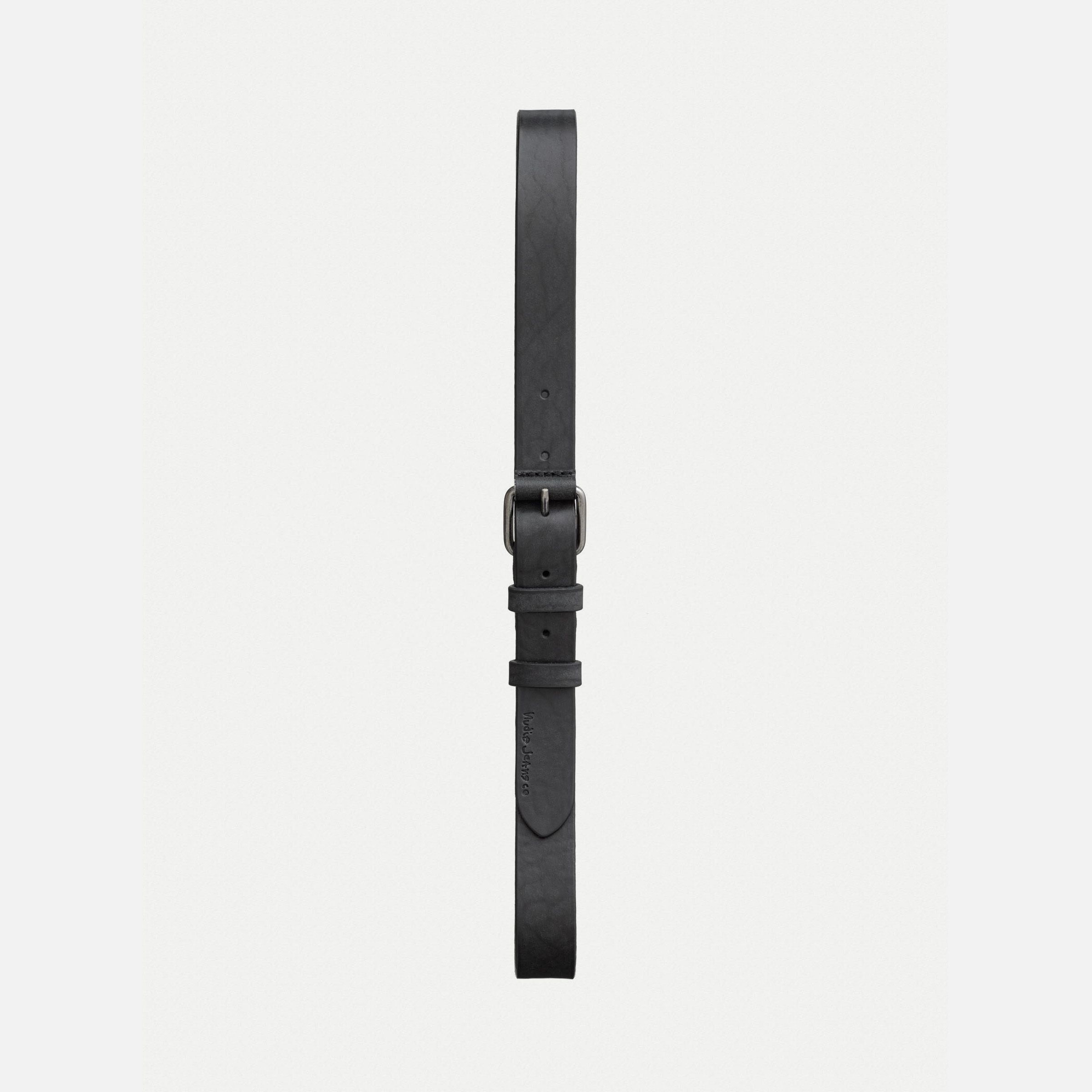 Nudie Jeans Dwayne Leather Belt in Black, laid out vertically against a white background.