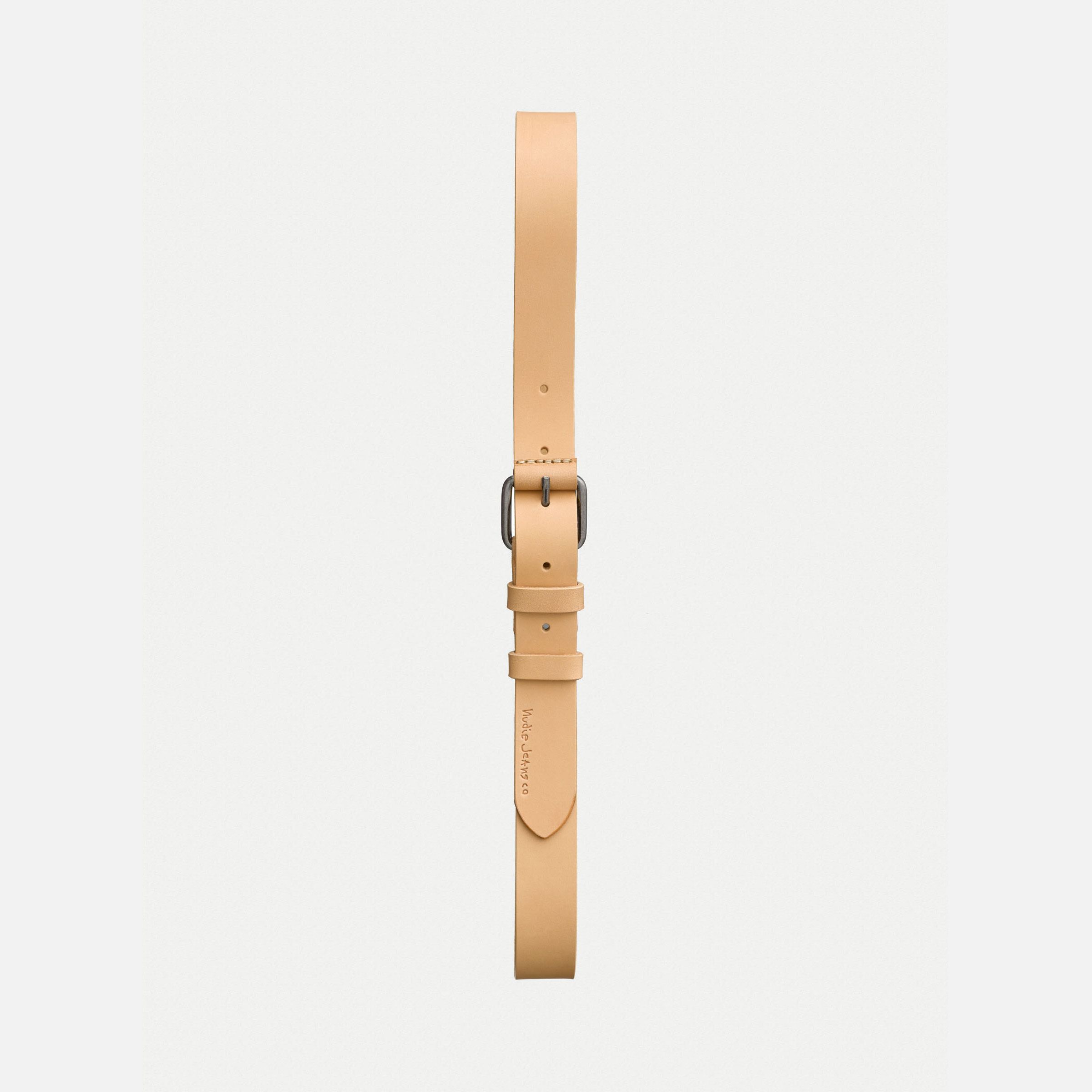 Nudie Jeans Dwayne Leather Belt in Natural, laid flat vertically against a white background.