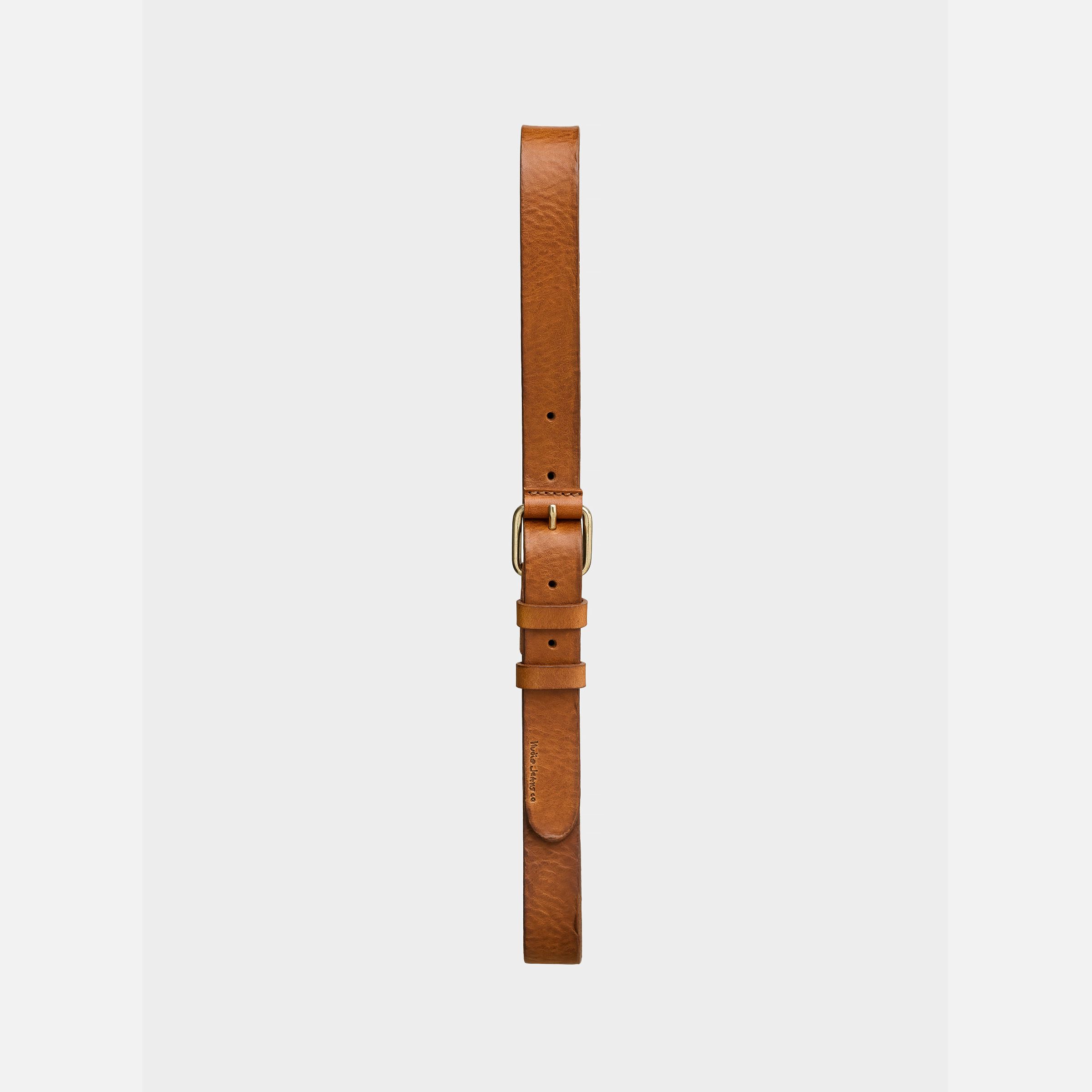 Nudie Jeans Dwayne Leather Belt in Toffee Brown, laid flat vertically against a plain background.