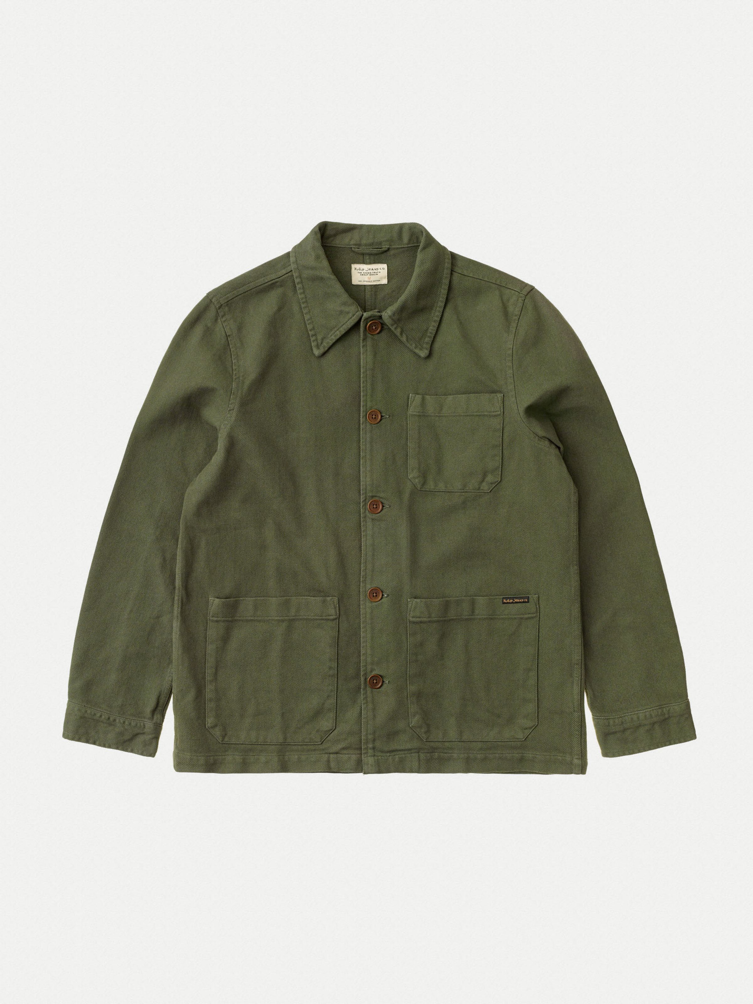 Nudie Jeans Barney Worker Jacket in olive, a men's regular fit jacket, shown from the front in a flat lay.