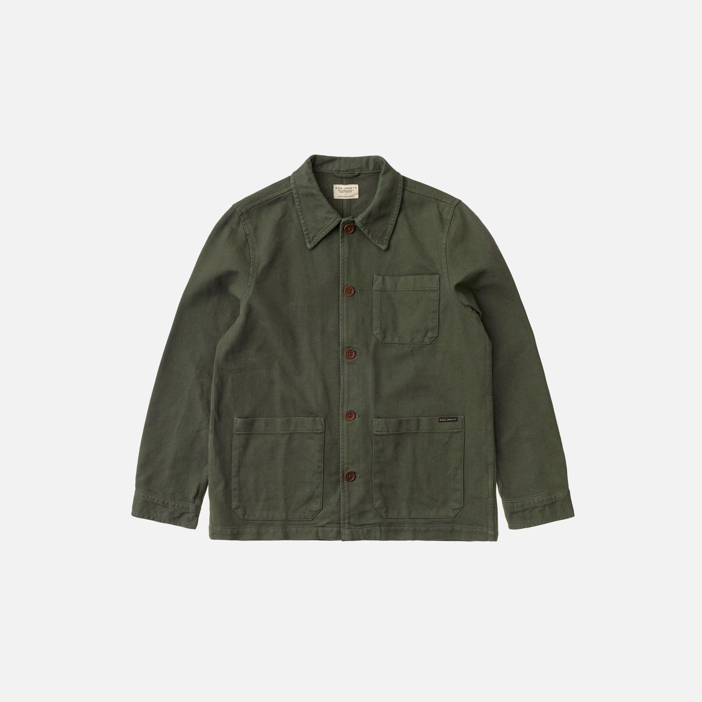 Nudie Jeans Barney Worker Jacket in Olive, a men's regular fit worker jacket shown laid flat against a white background.