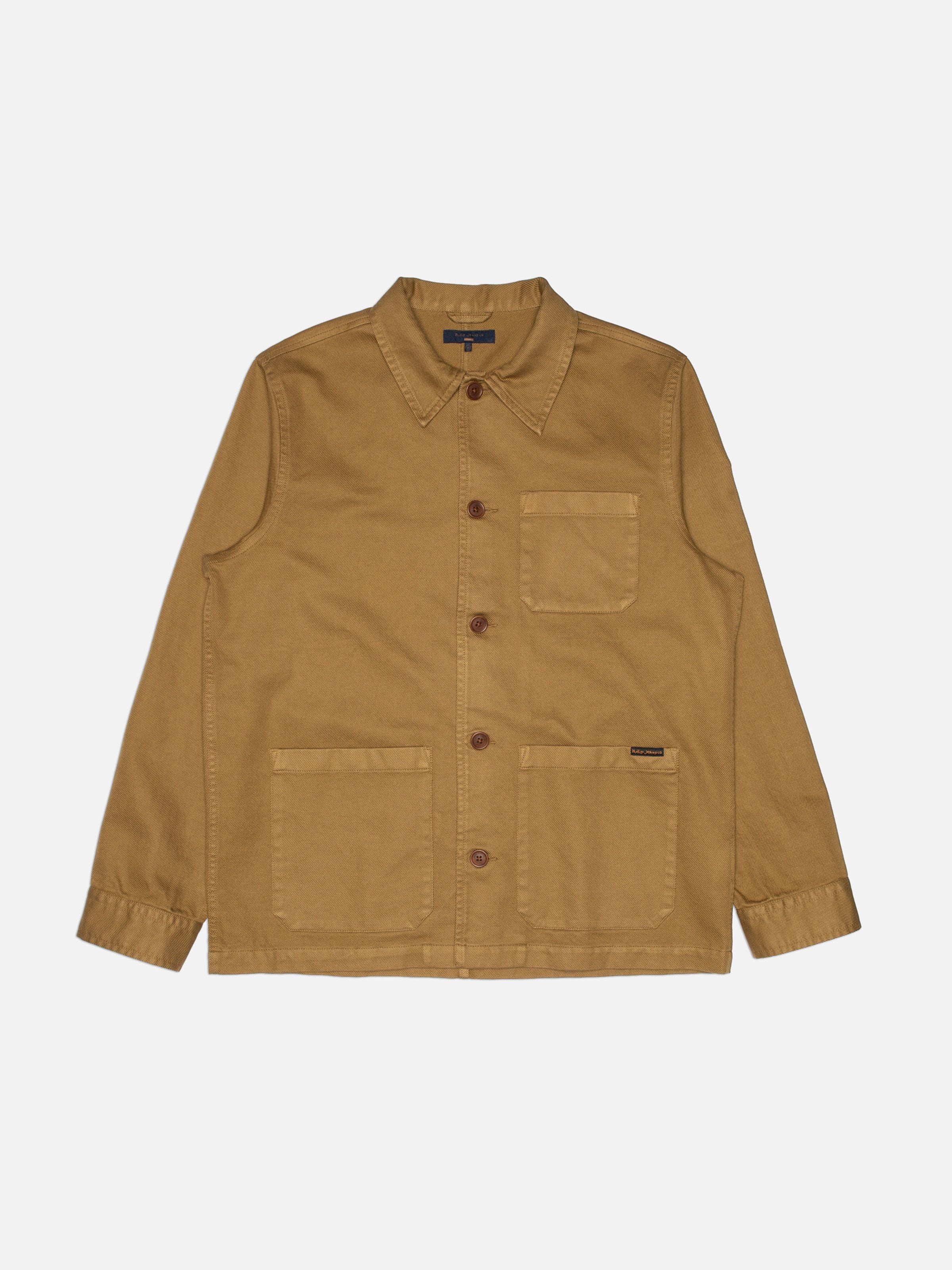 Nudie Jeans Barney Worker Jacket in Brown Olive, Arbeiterjacke in Braun aus Bio- und Fairtrade-Baumwolle im Full-Flat-Shot.