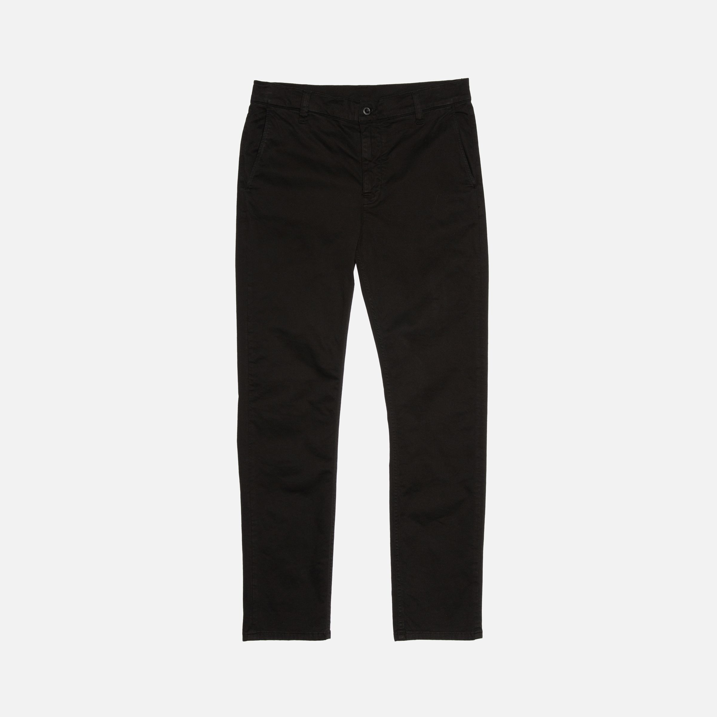 Nudie Jeans Easy Alvin in Black, a pair of men's slim tapered fit chinos shown laid flat against a light background.