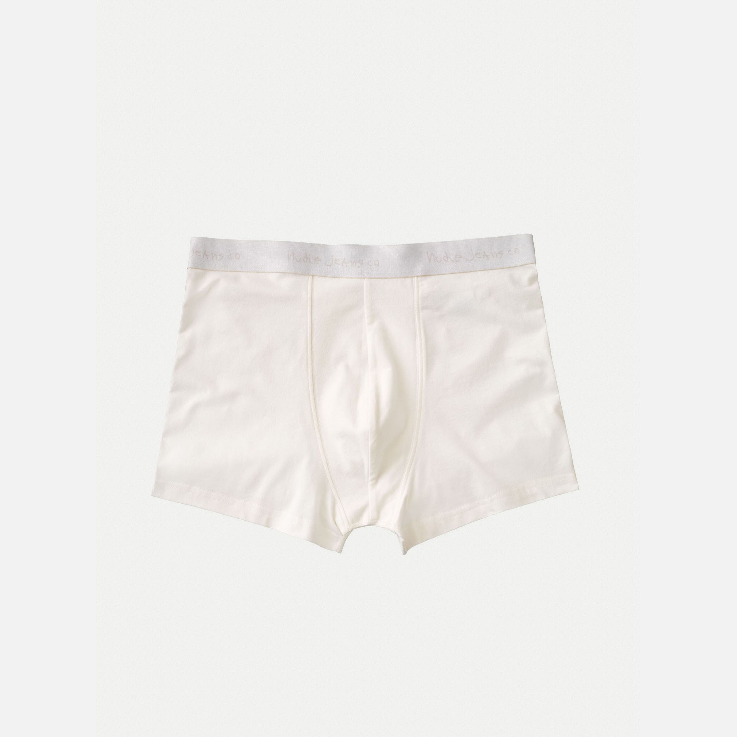 Nudie Jeans Boxer Briefs in Offwhite, a pair of men's boxer briefs laid flat against a light background.