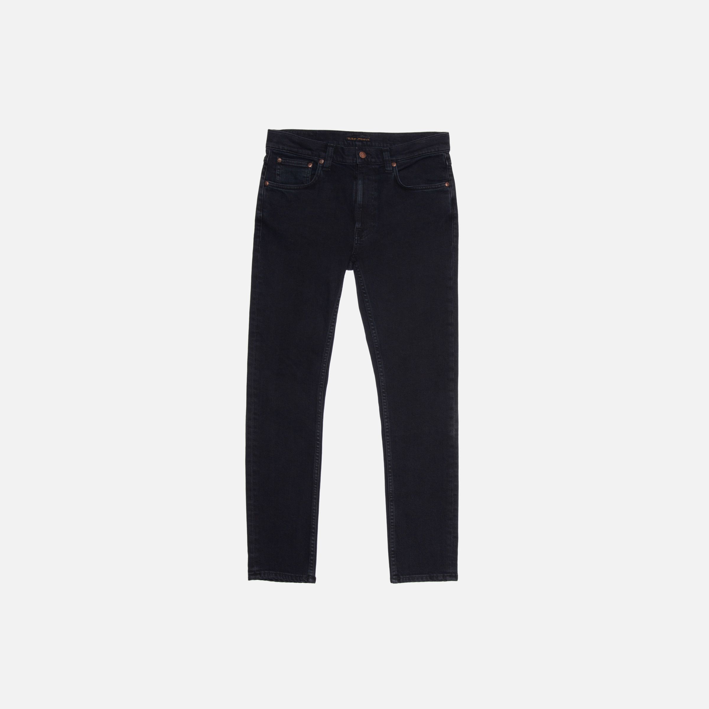 Nudie Jeans Lean Dean Black Skies, a pair of men's slim tapered fit jeans shown laid flat against a light background.