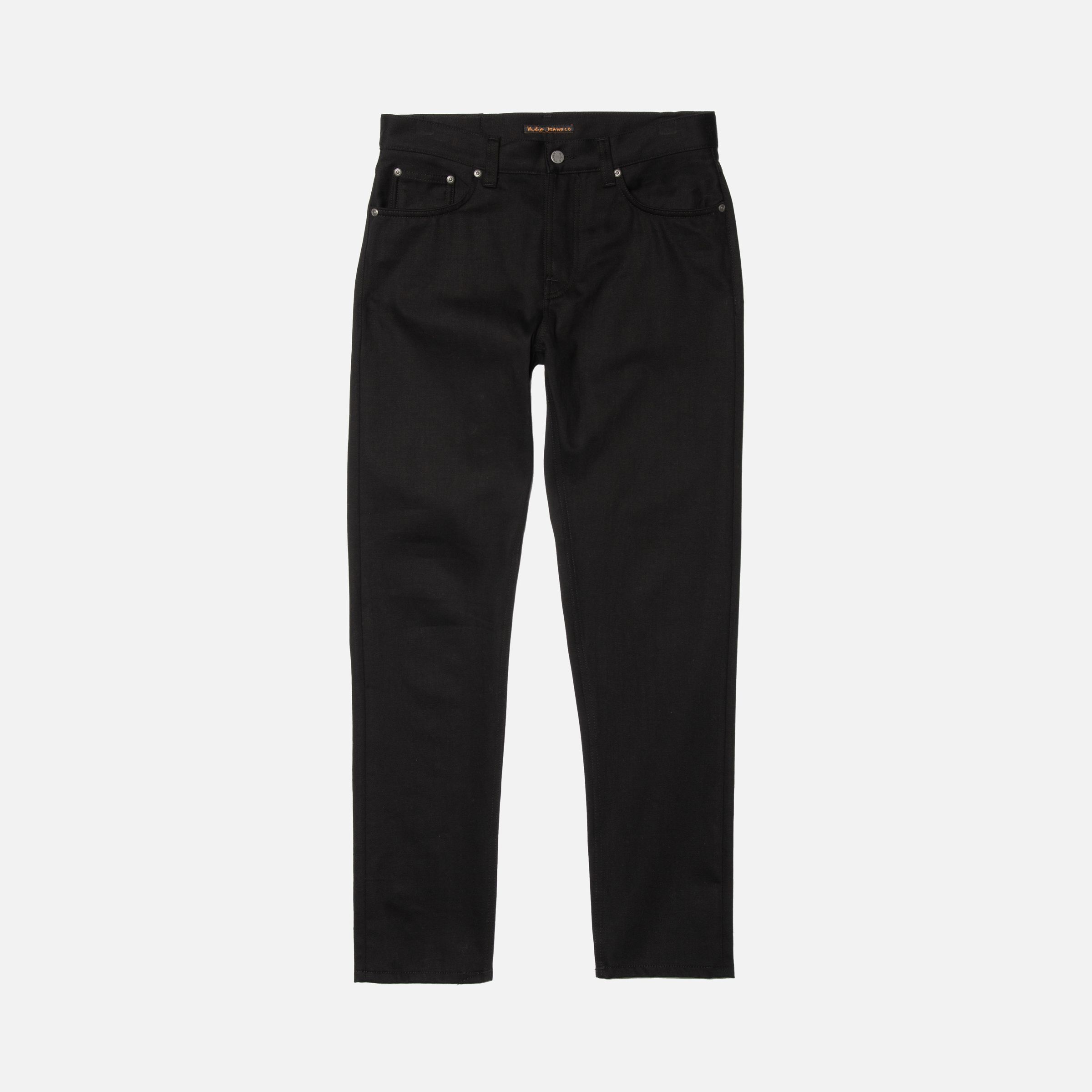 Nudie Jeans Steady Eddie II Dry Everblack Jeans, Herren-Jeans mit normaler Passform, flach liegend.