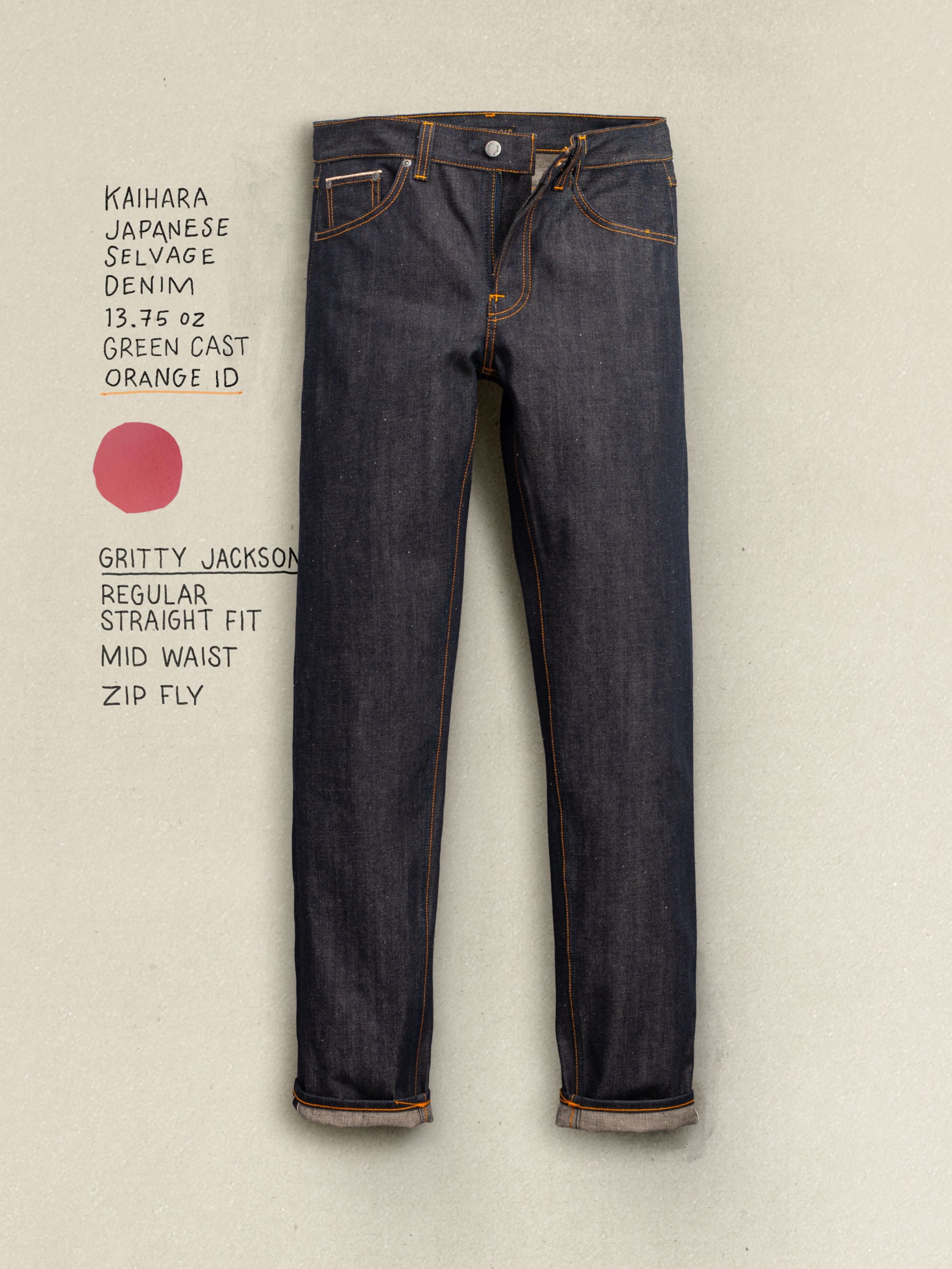 Nudie Jeans Gritty Jackson Dry Selvedge, regular straight fit selvedge jeans in dry blue with handwritten product details.