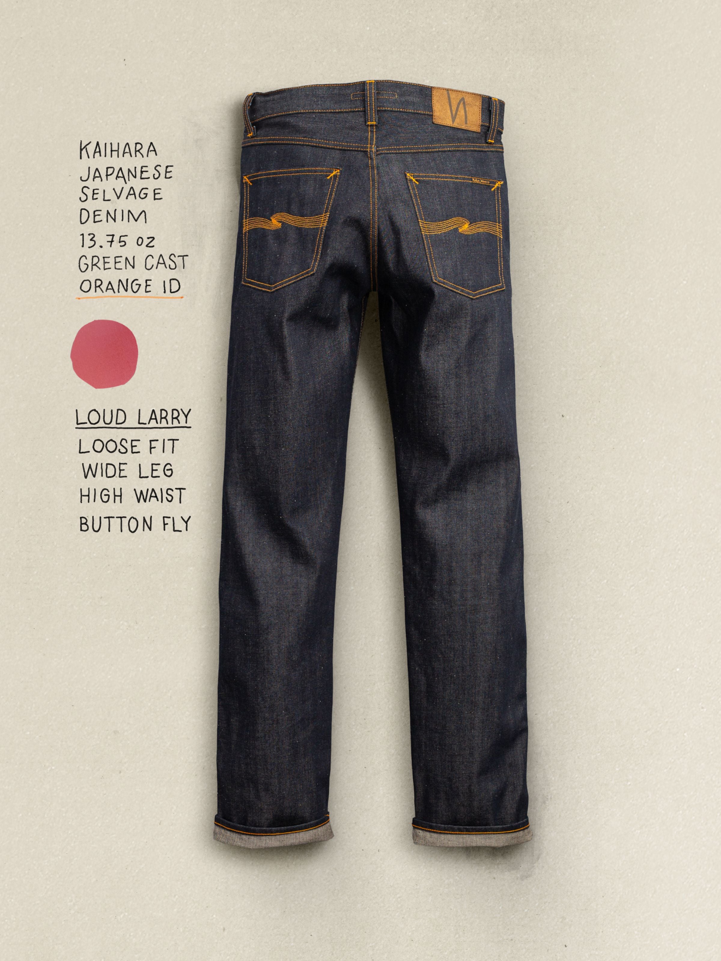 Nudie Jeans Gritty Jackson Dry Selvedge, regular fit men's jeans in dry blue, showing the back view with orange embroidery.