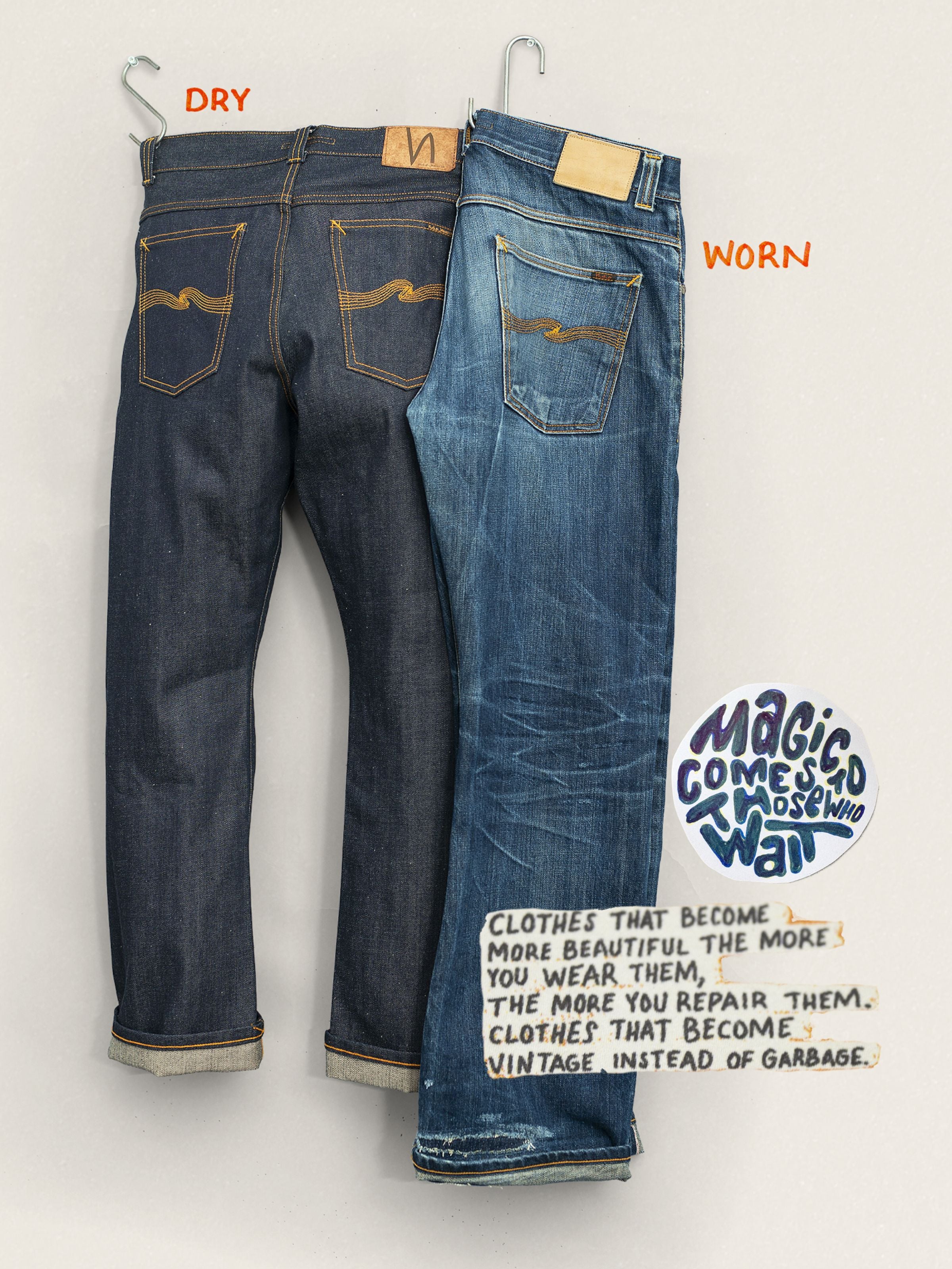 Nudie Jeans Gritty Jackson Dry Selvedge jeans comparing a rigid dry denim pair with a worn-in washed pair.