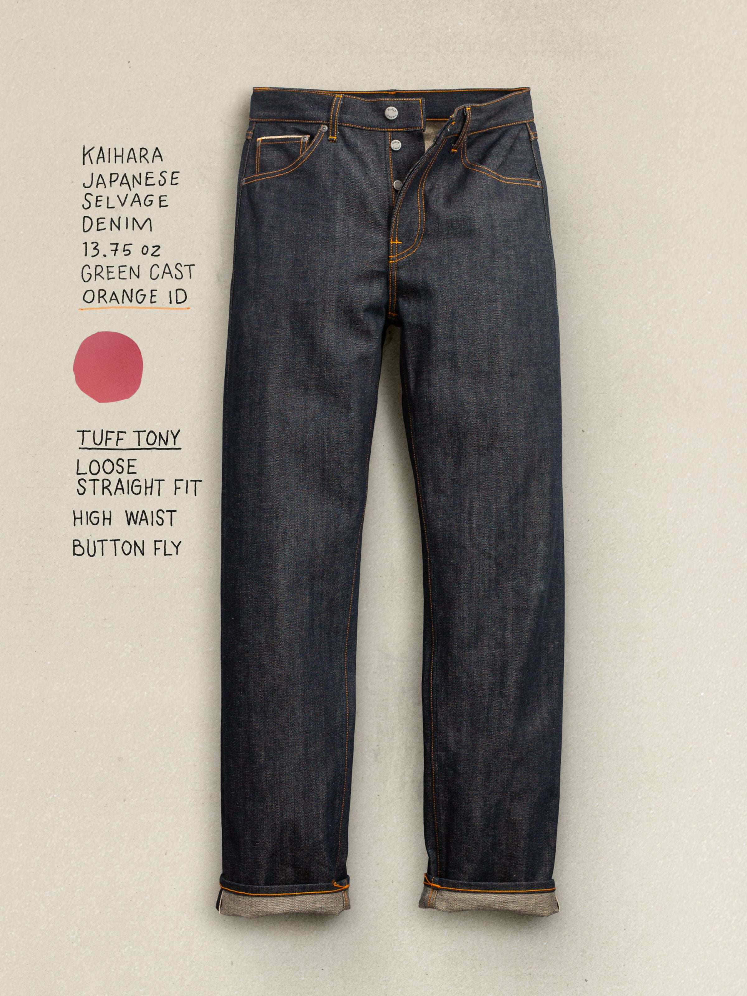 Tuff Tony Dry Selvage, men's loose fit jeans shown in a flat shot against a light background with handwritten notes.