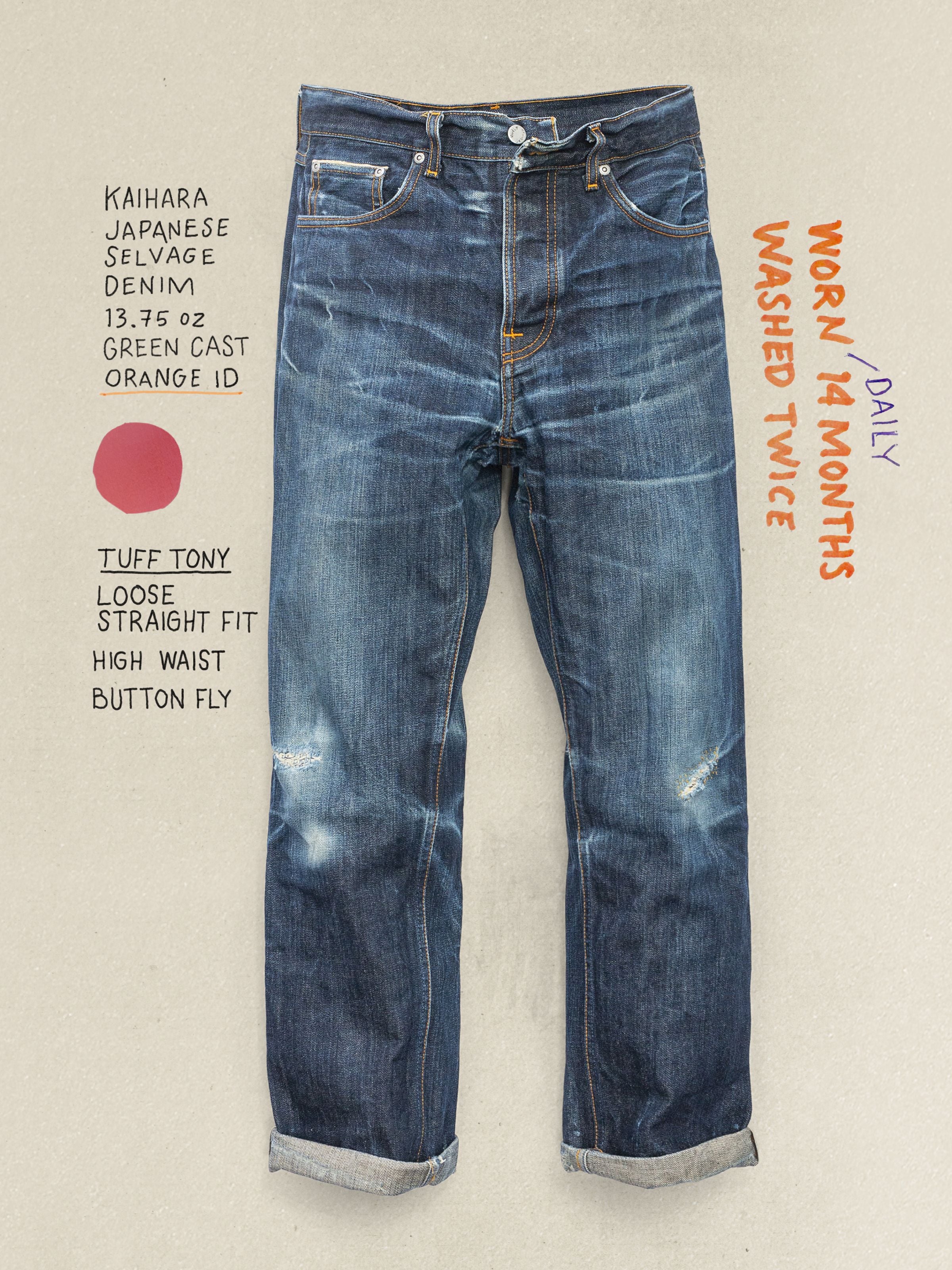 Nudie Jeans Tuff Tony Dry Selvedge, worn-in organic cotton selvedge jeans with heavy fading and handwritten annotations.