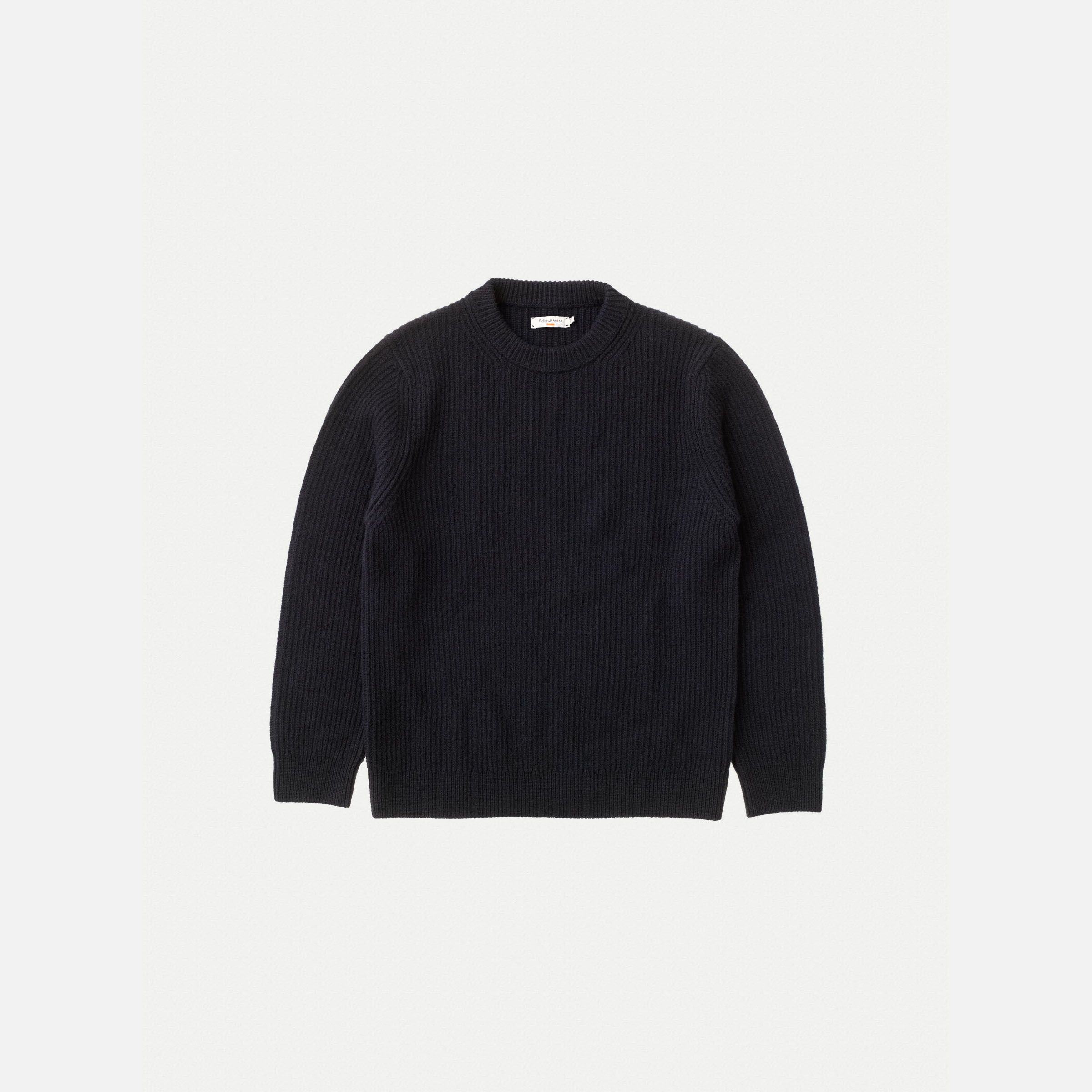 Nudie Jeans August Rib Wool sweater in Navy, a men's regular fit rib knit sweater shown laid flat against a white background.