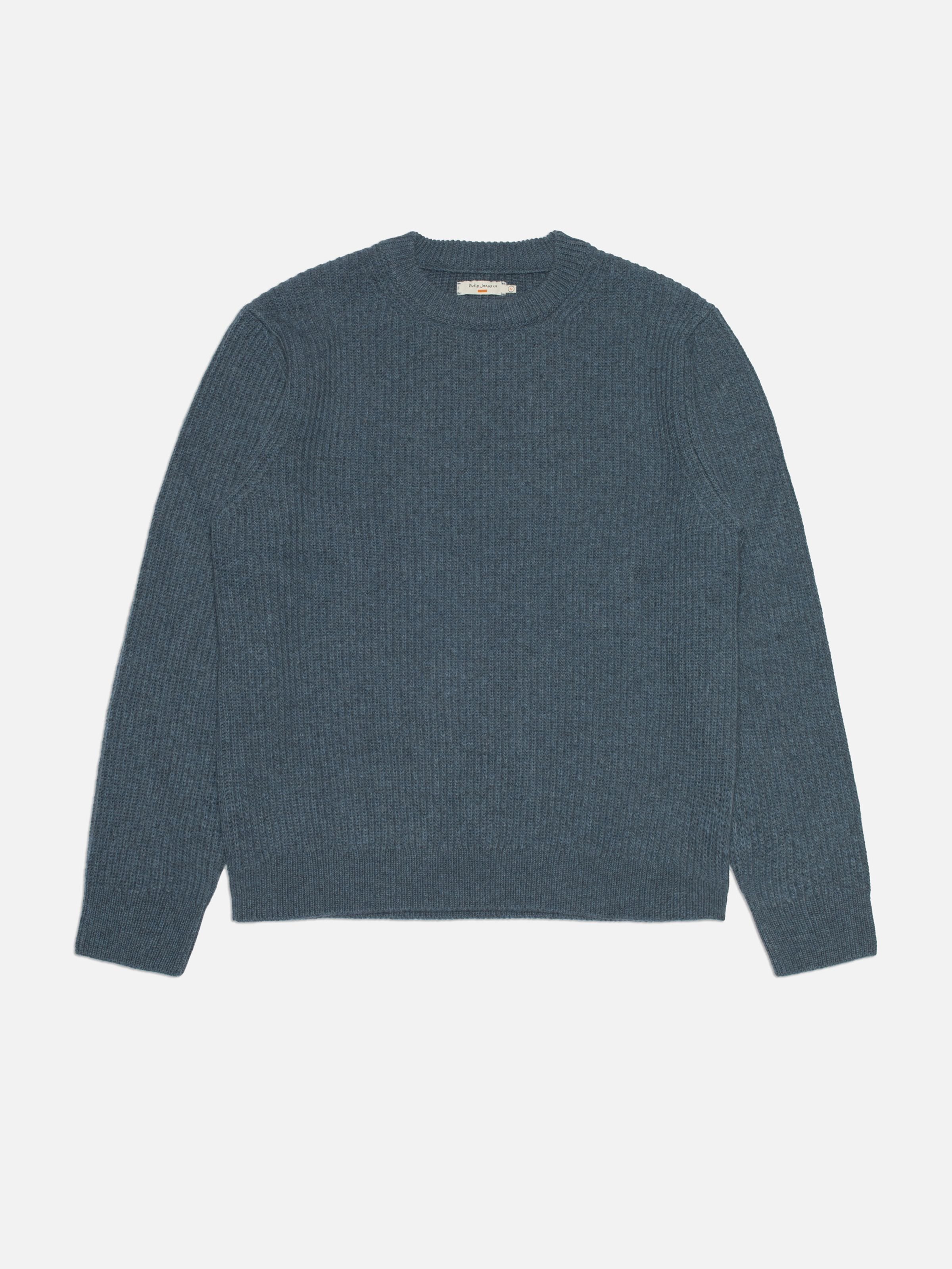 Nudie Jeans August Rib Wool Sweater in Blue Melange, a men's ribbed crew neck sweater shown laid flat.