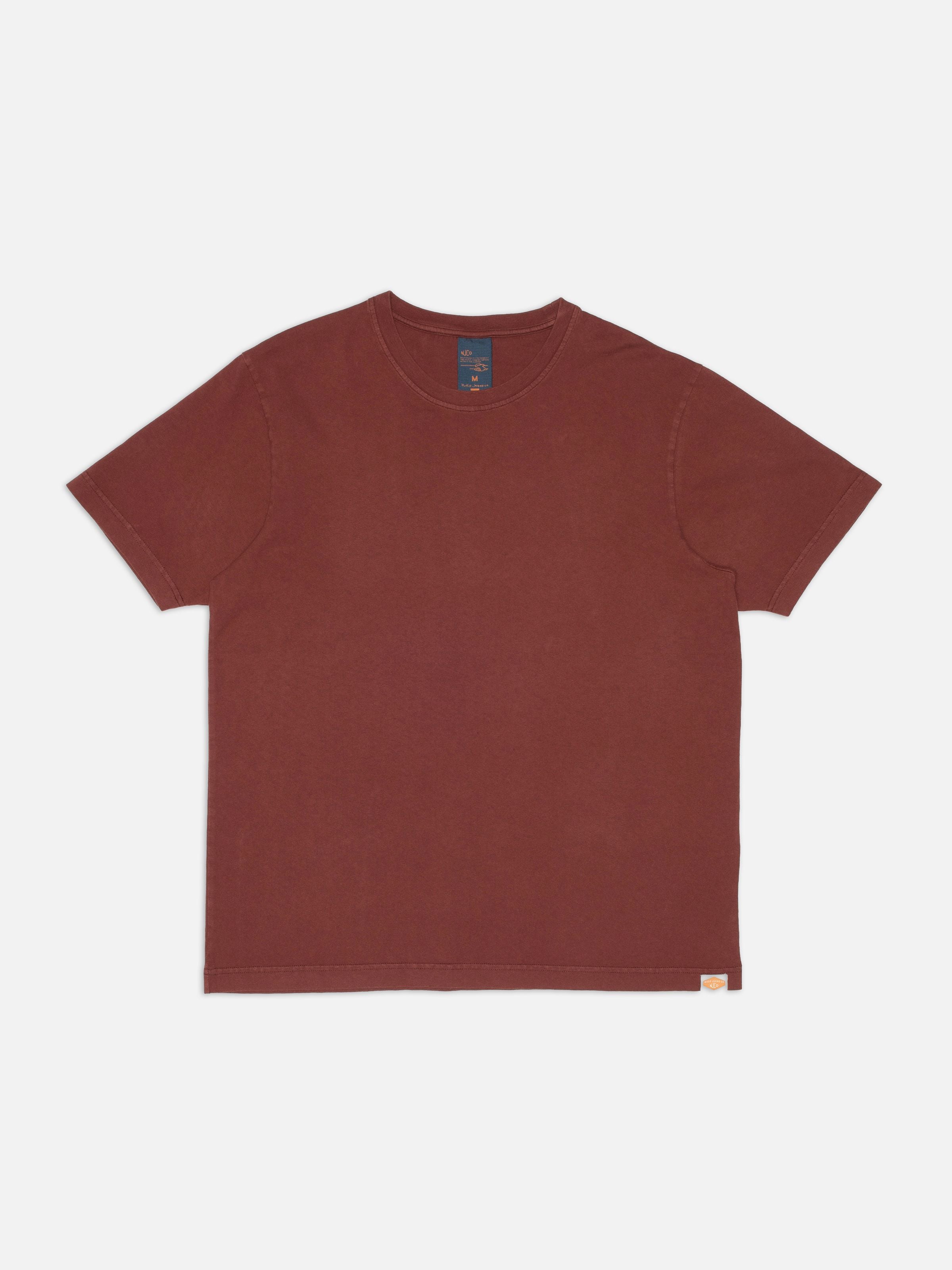 Nudie Jeans Uno Everyday T-Shirt in Burgundy, a relaxed fit pigment dyed organic cotton crew neck tee in a flatshot view.
