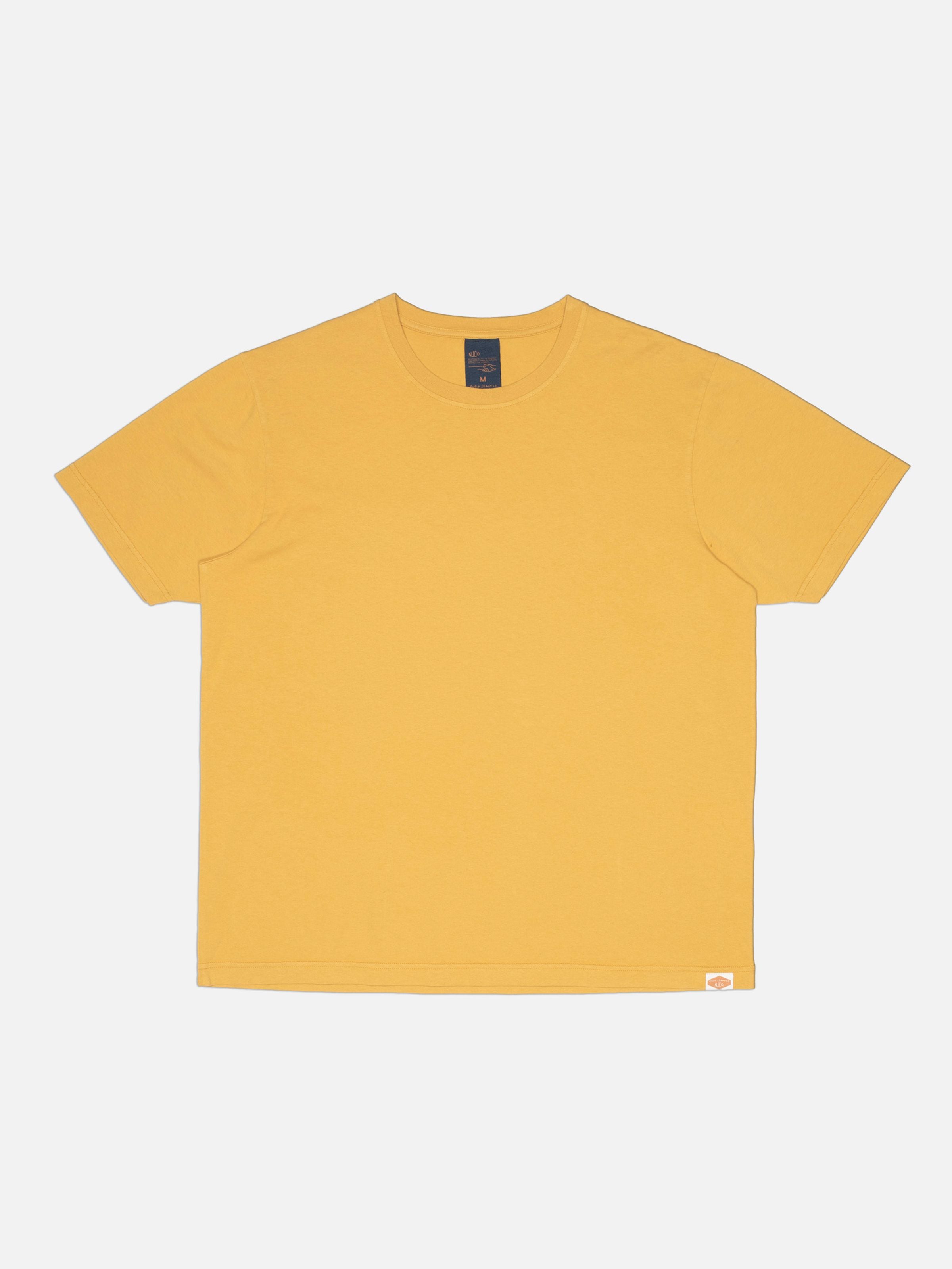 Nudie Jeans Uno Everyday T-Shirt in Old Yellow, relaxed fit short-sleeved crew neck tee shown in a full flat shot.