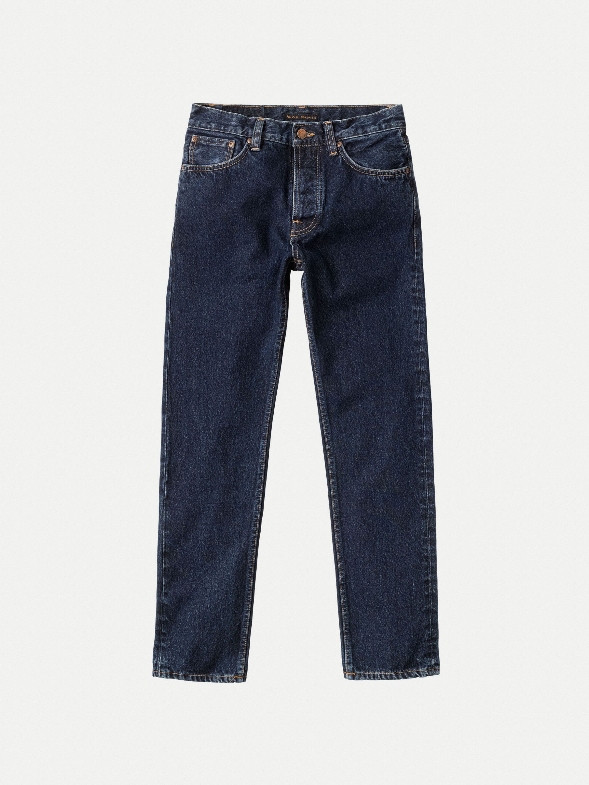 Nudie Jeans Steady Eddie II Heavy Rinse, Jeans mit normaler, nach unten hin schmaler werdender Passform, von vorne gezeigt.