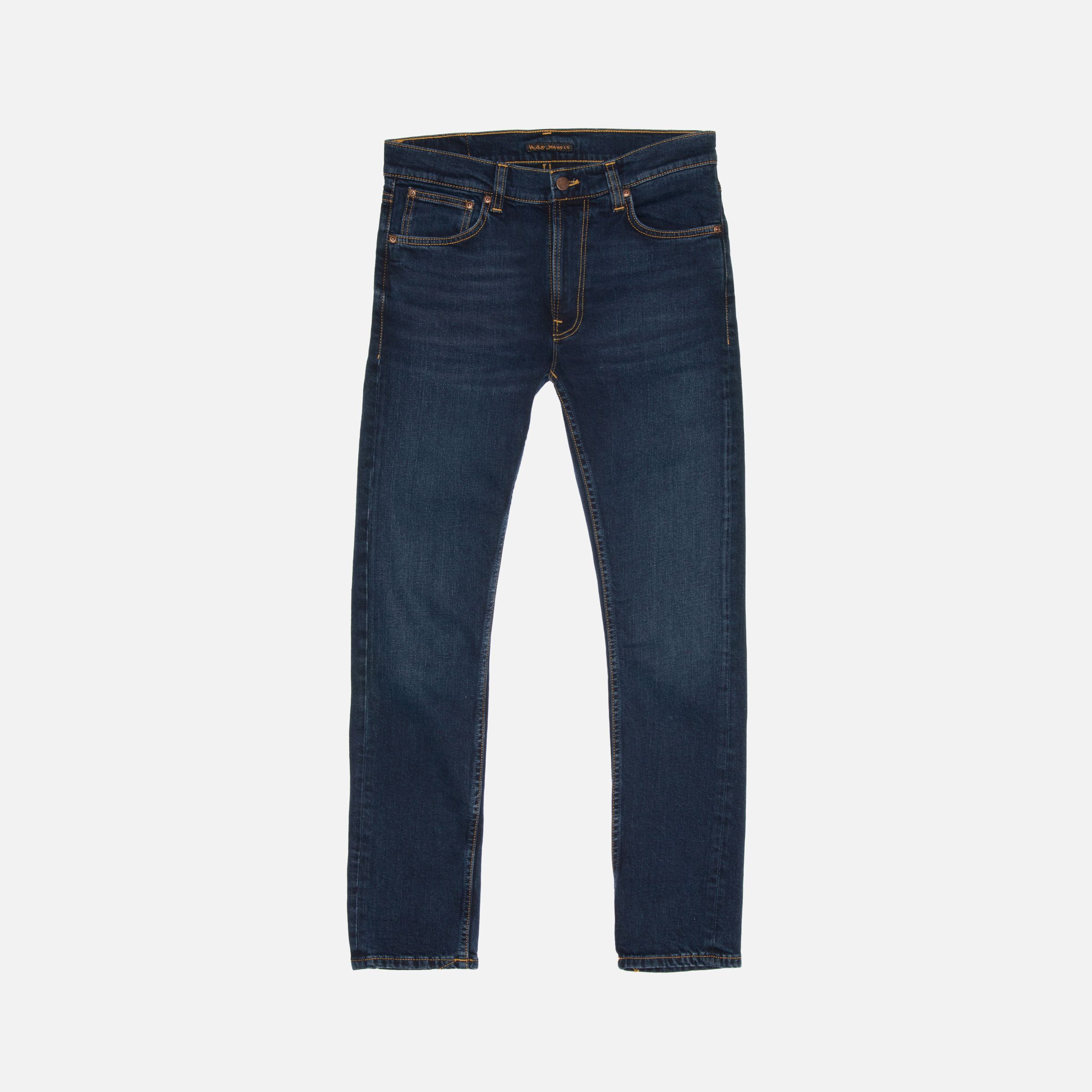 Nudie Jeans Lean Dean in New Ink, men's slim fit tapered jeans shown laid flat.