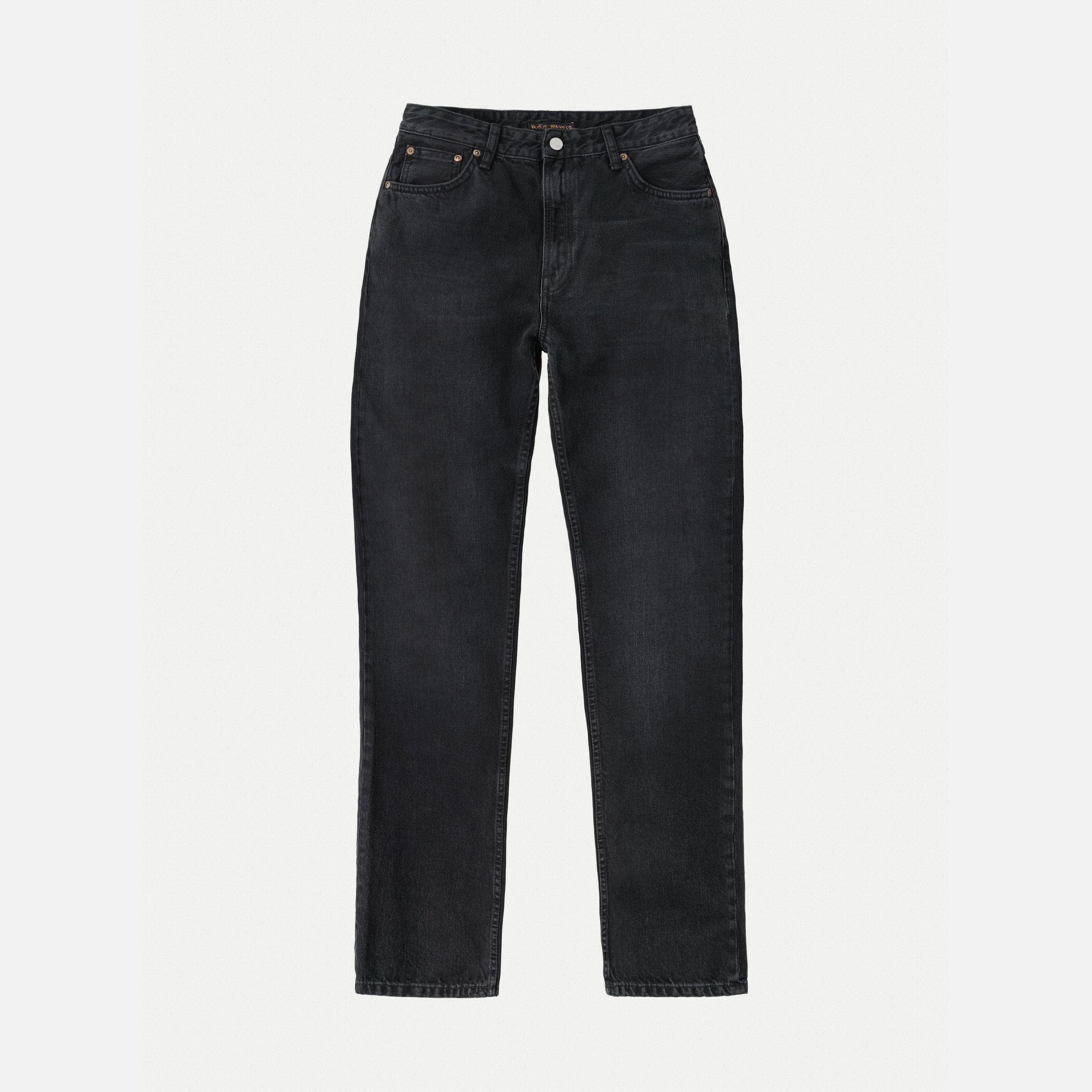Nudie Jeans Lofty Lo Vintage Black, a pair of women's high waist straight leg jeans in vintage black denim, shown laid flat.