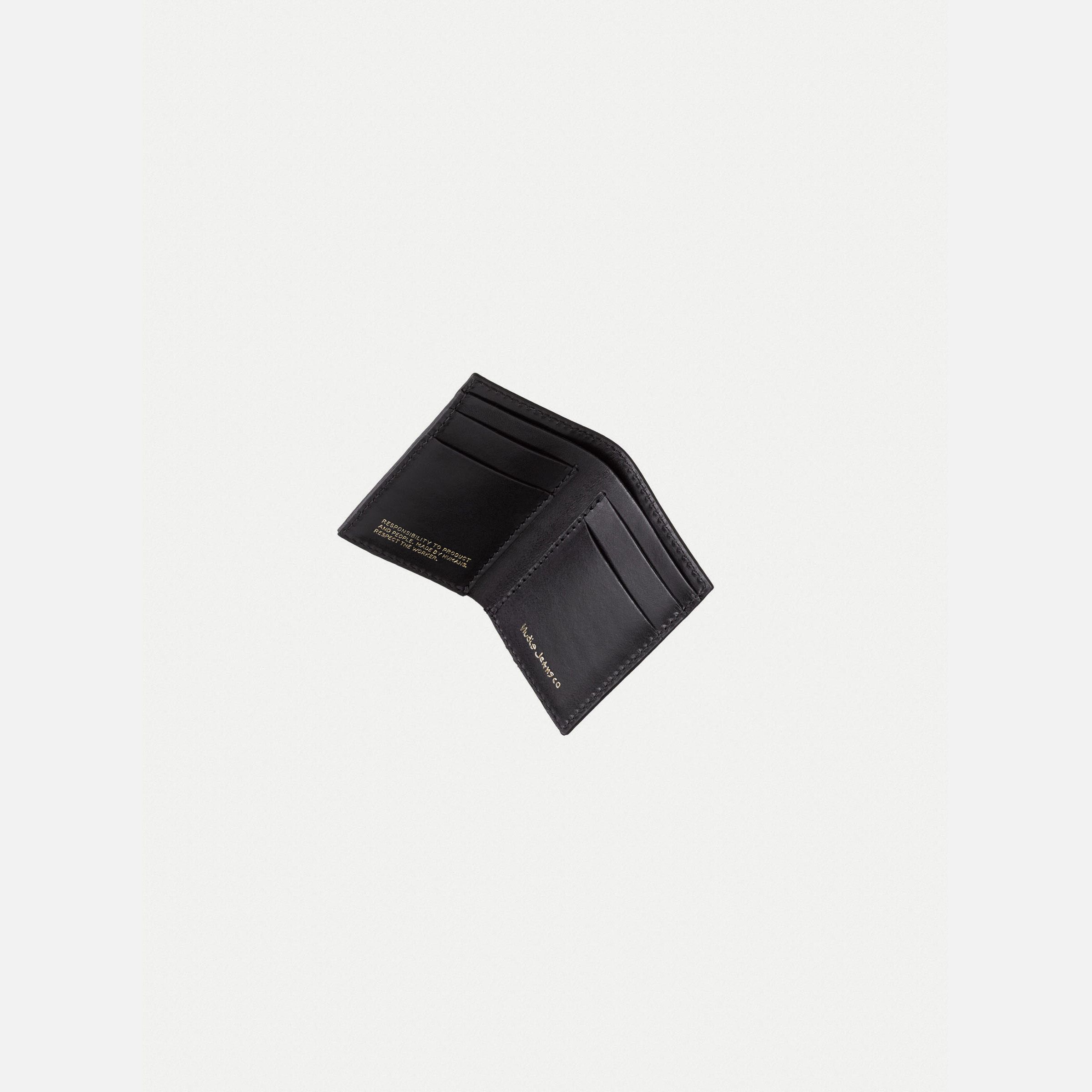 Nudie Jeans Hagdahl Wallet New Logo in Black, a unisex leather wallet, shown laid flat and open displaying the interior.