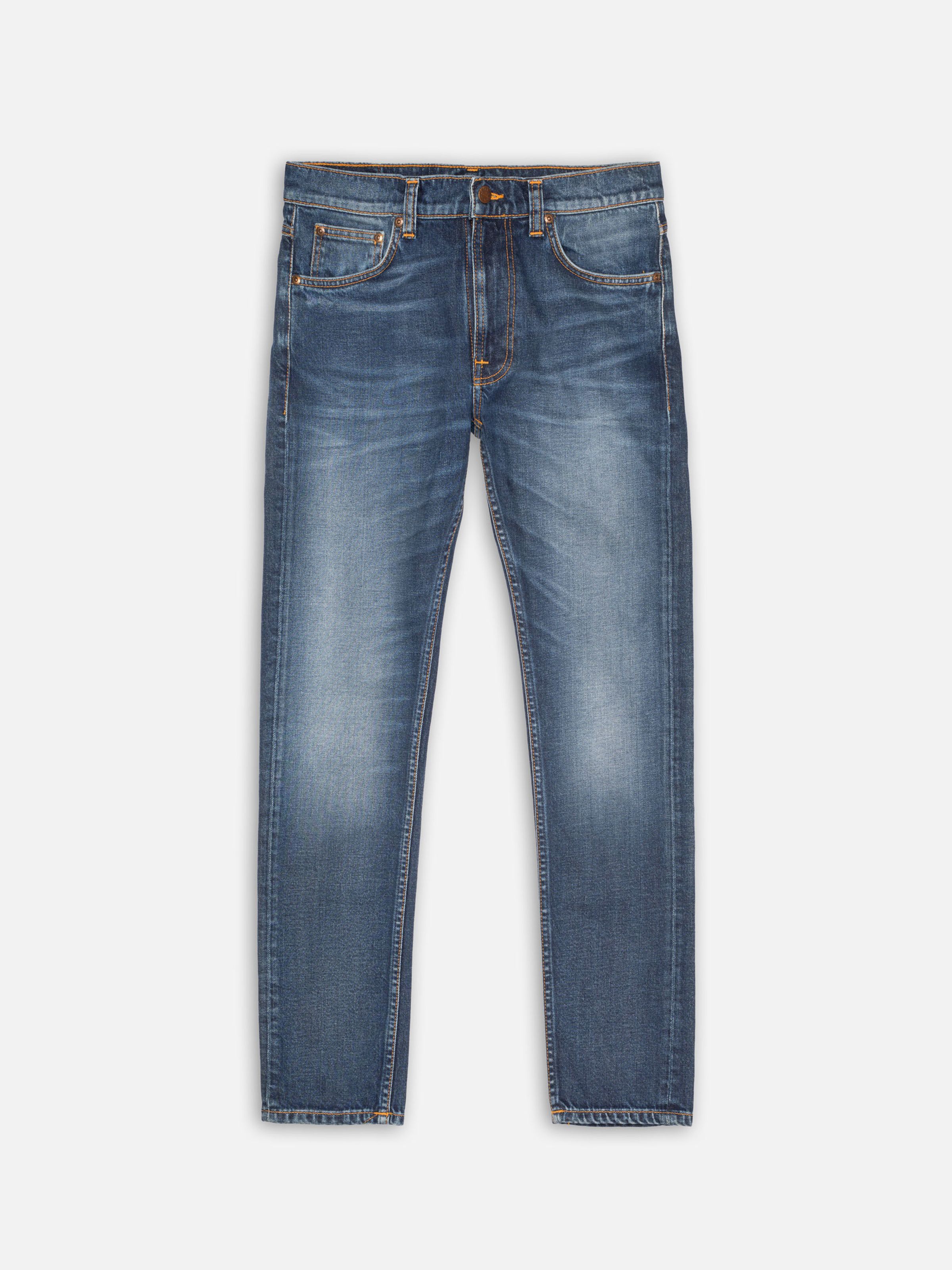 Nudie Jeans Lean Dean Troubled Sea slim tapered jeans shown in a flat shot with a dark blue wash.