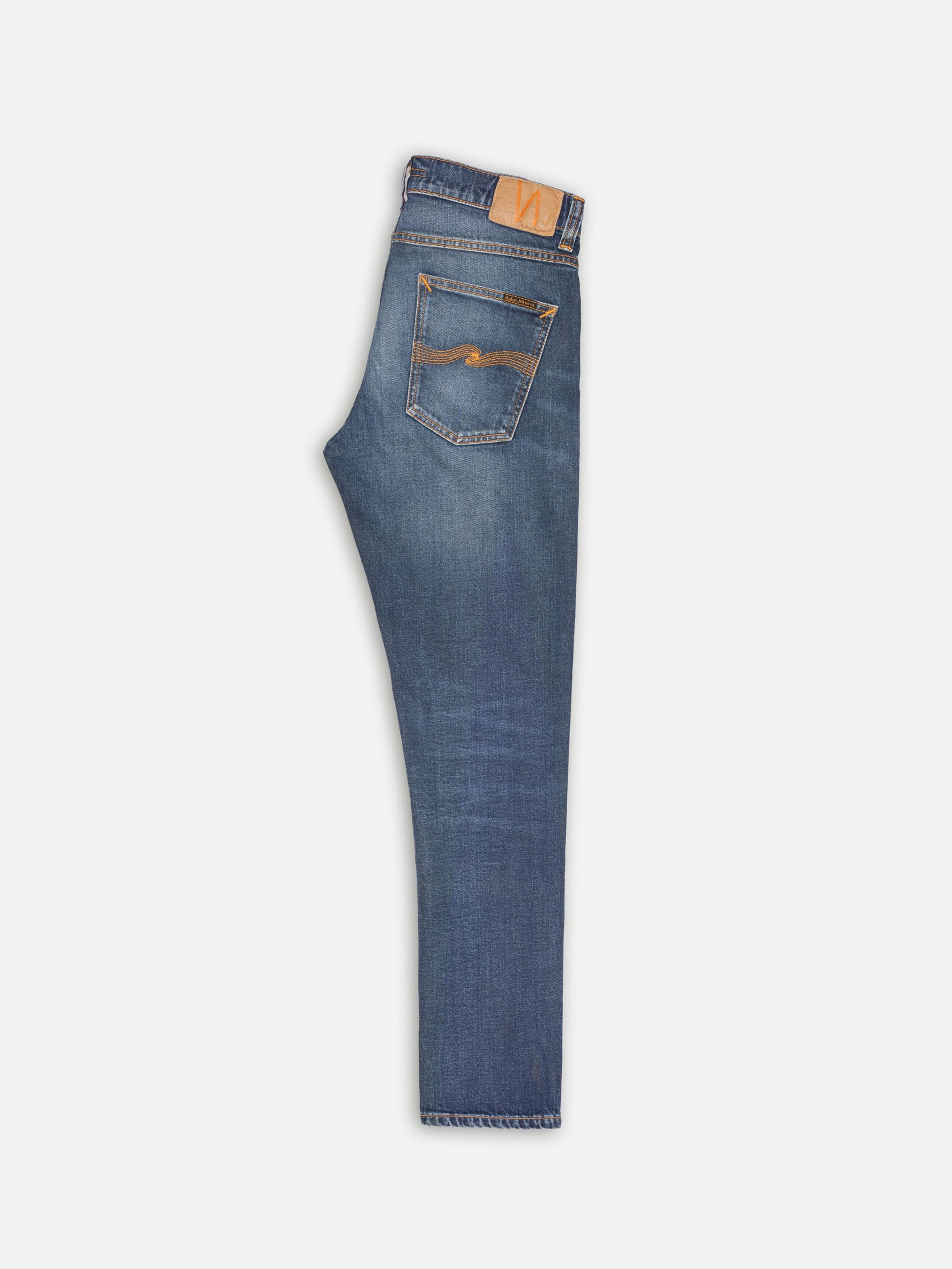 Nudie Jeans Lean Dean Troubled Sea, slim tapered jeans in organic cotton stretch denim, showing a flat shot of the back view.