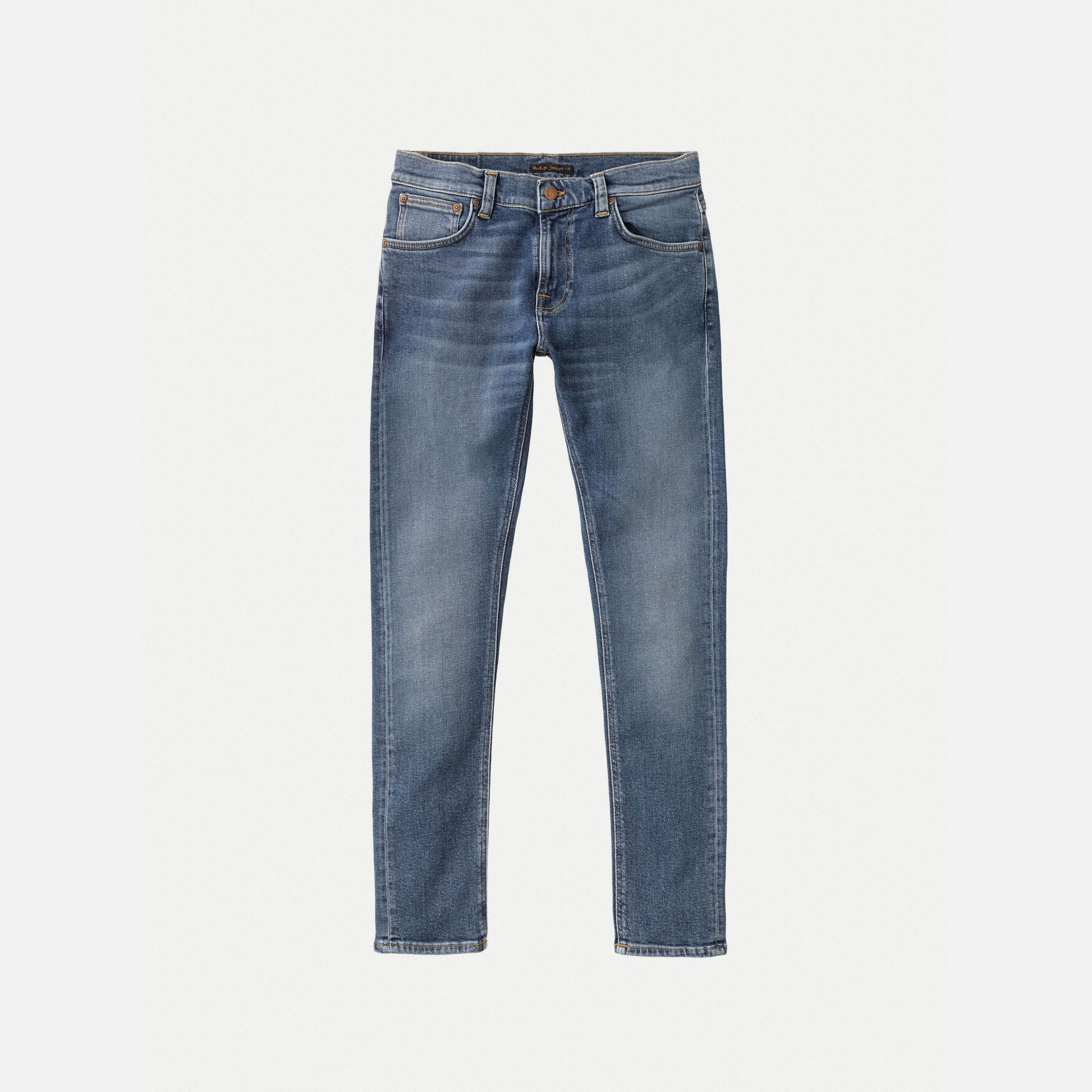 Nudie Jeans Tight Terry in Inbetween Blues, men's tight fit jeans shown laid flat against a light background.