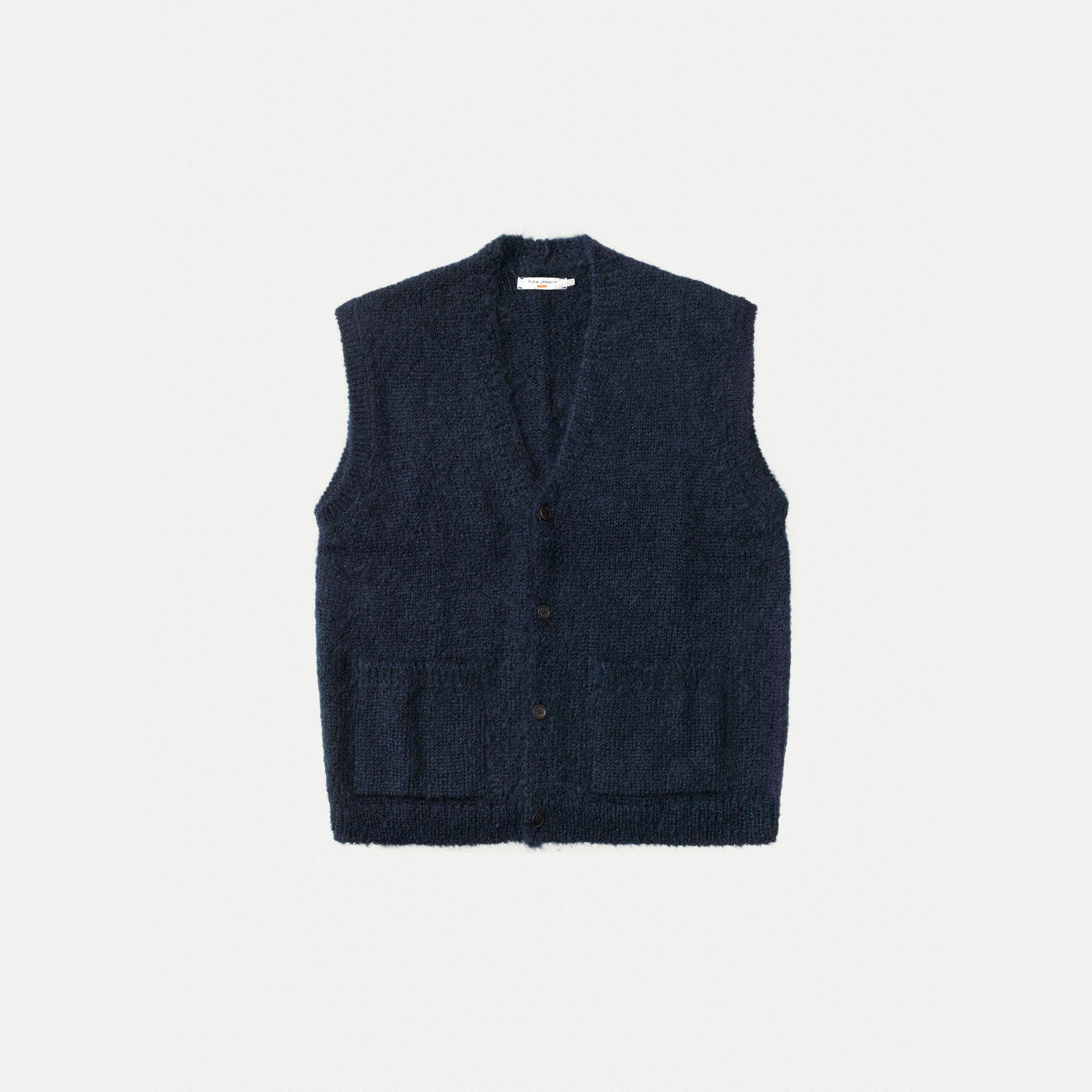 Nudie Jeans Svempa Vest Navy, a men's v-neck knit vest in navy blue, shown laid flat.