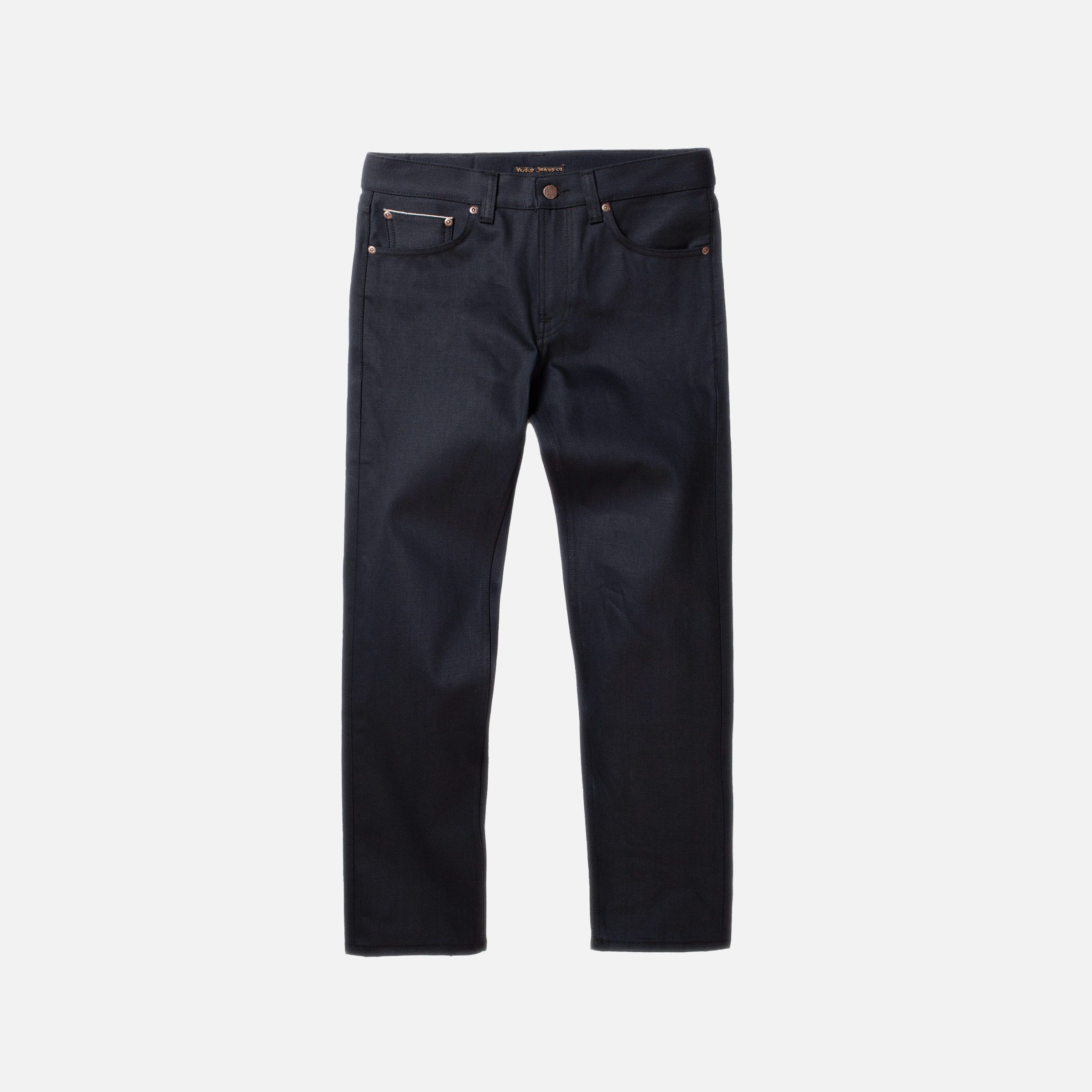 Nudie Jeans Gritty Jackson in Dry Onyx Selvage, men's regular fit jeans laid flat against a white background.