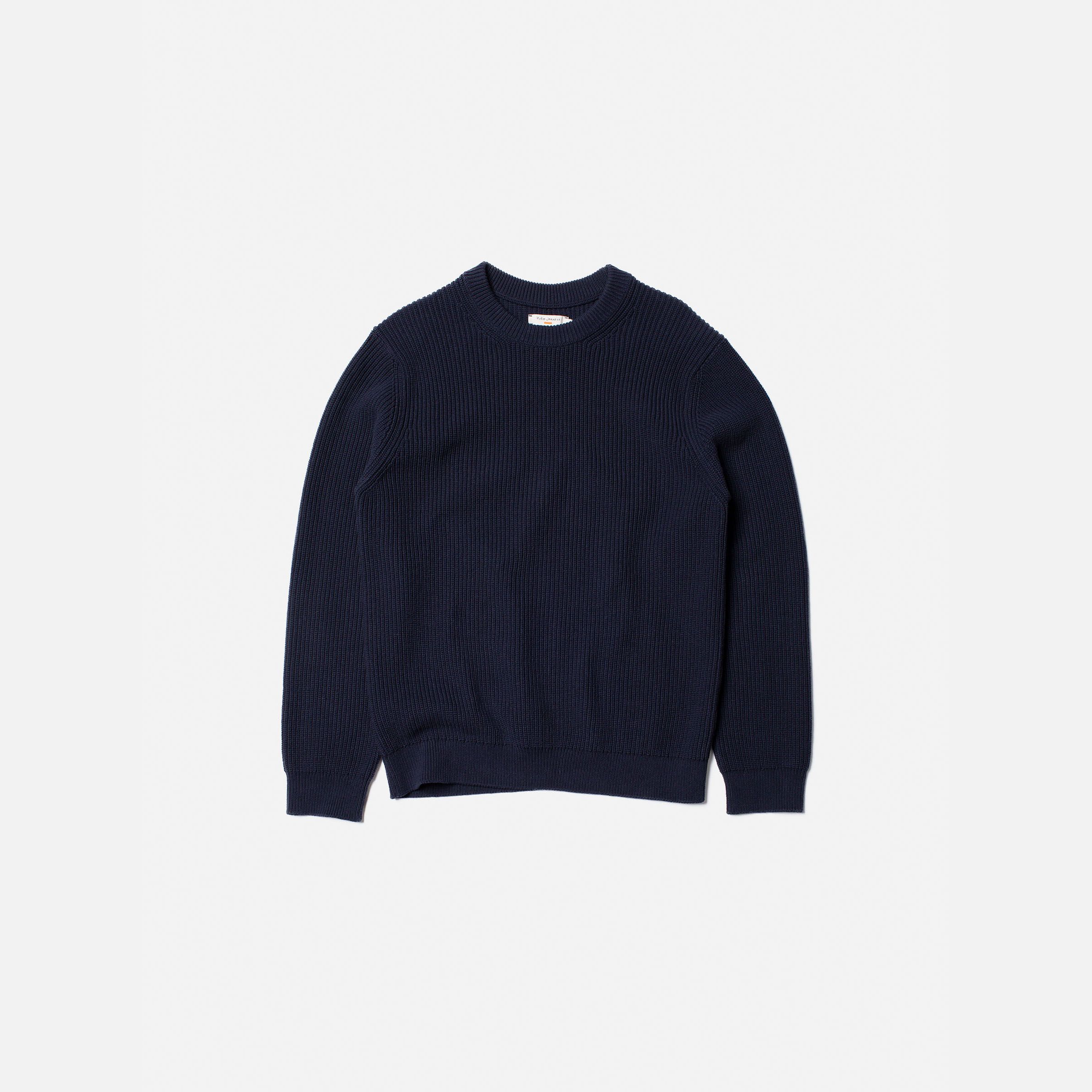 Nudie Jeans August Rib Cotton Sweater in Navy, a men's regular fit rib-knit sweater shown laid flat.
