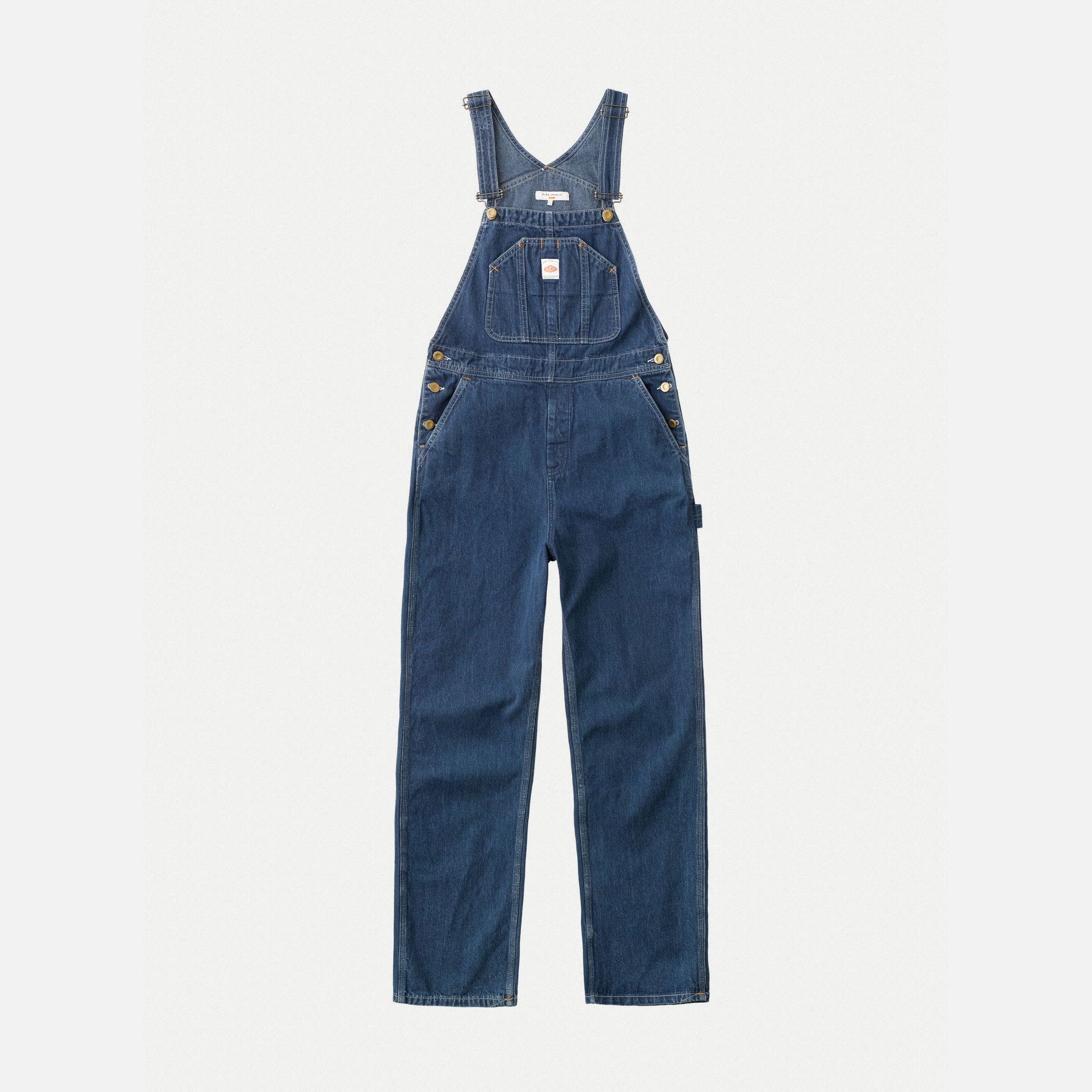 Nudie Jeans Astrid Denim Dungarees, a pair of women's wide leg dungarees in blue utility denim, shown laid flat.