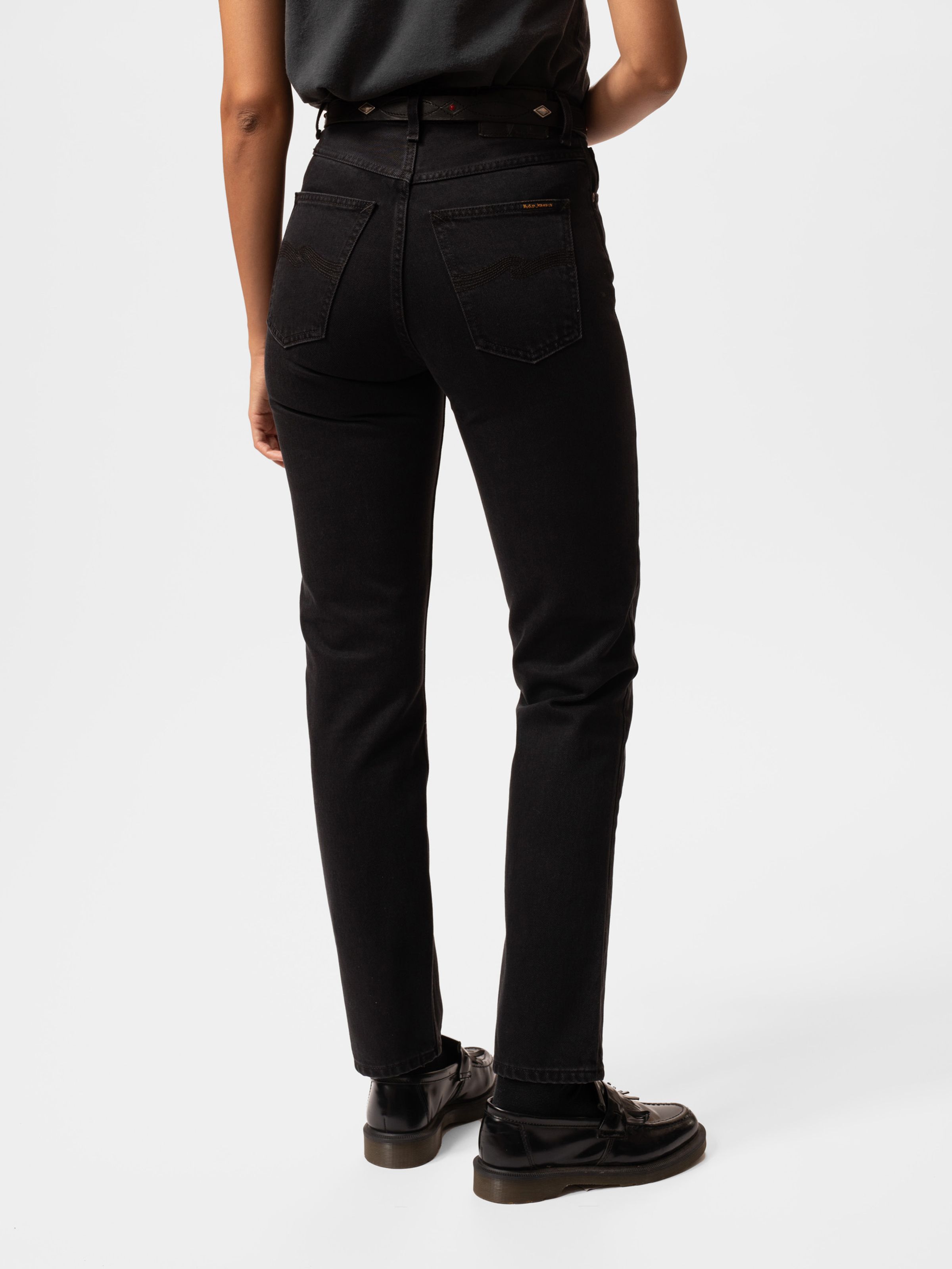 Nudie Jeans Breezy Britt Aged Black, women's regular tapered jeans shown from the back on a model.