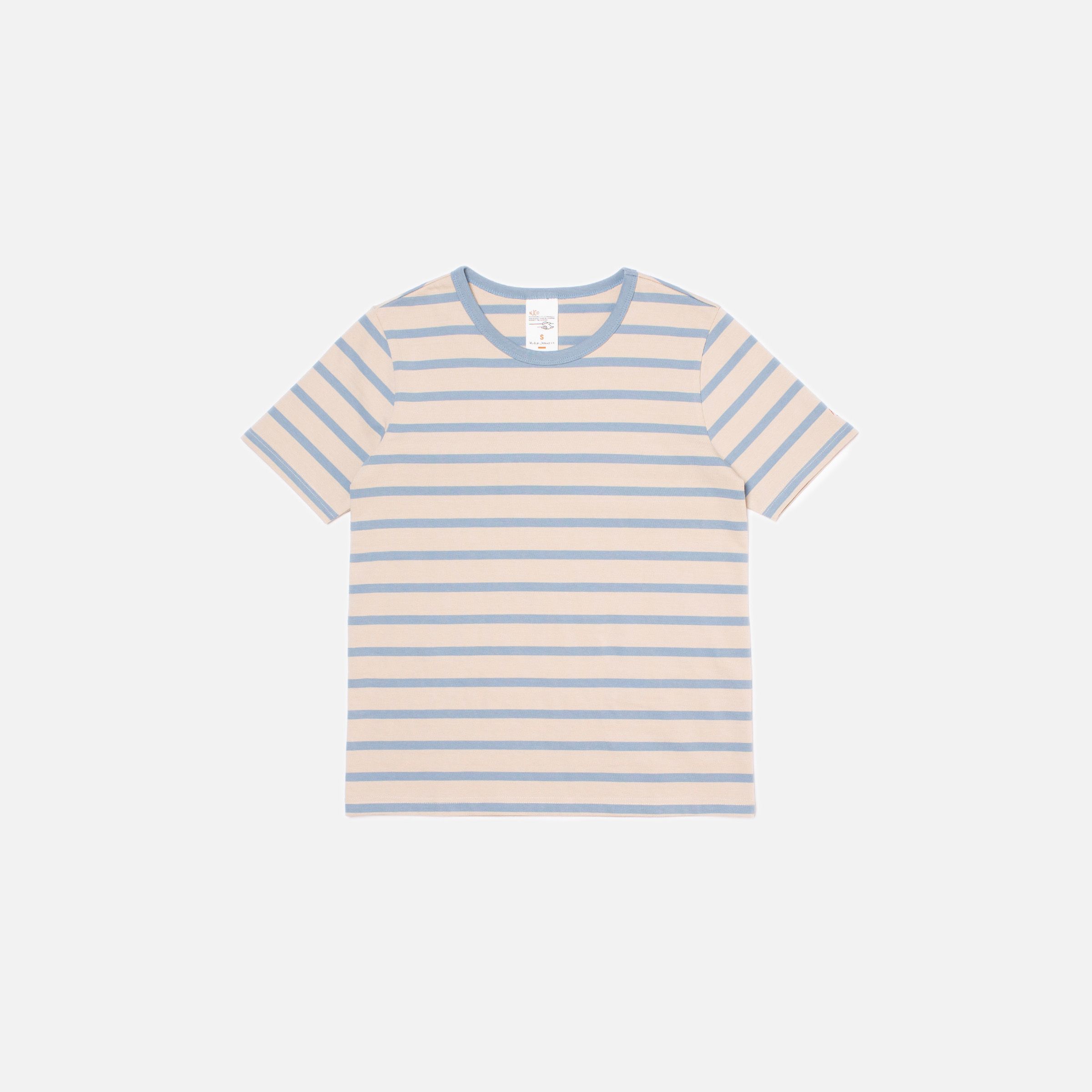 Nudie Jeans Joni Breton Stripe T-Shirt in Blue/Beige, women's striped t-shirt shown from the front.