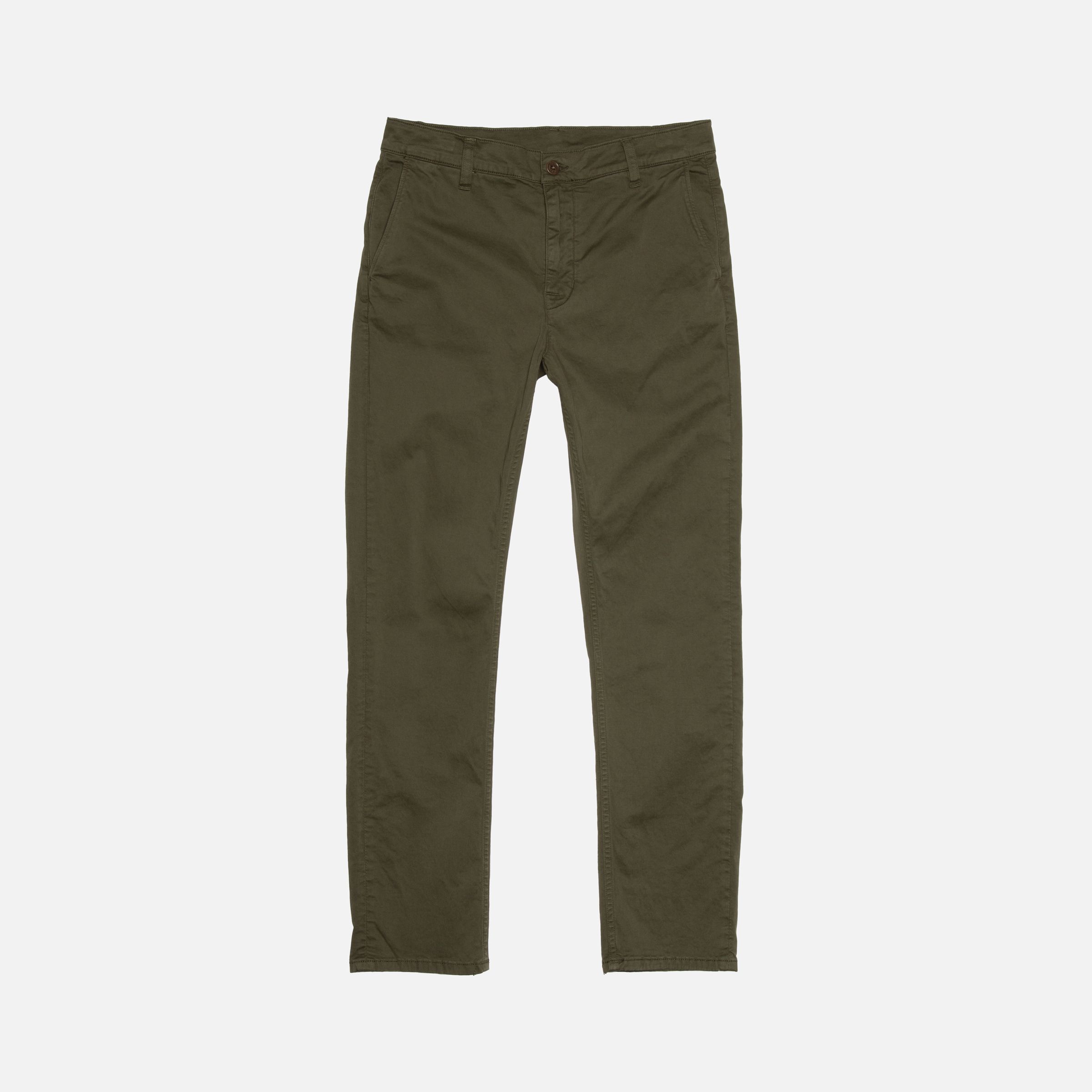 Nudie Jeans Easy Alvin pants in Olive, a pair of men's slim tapered fit chinos shown laid flat.