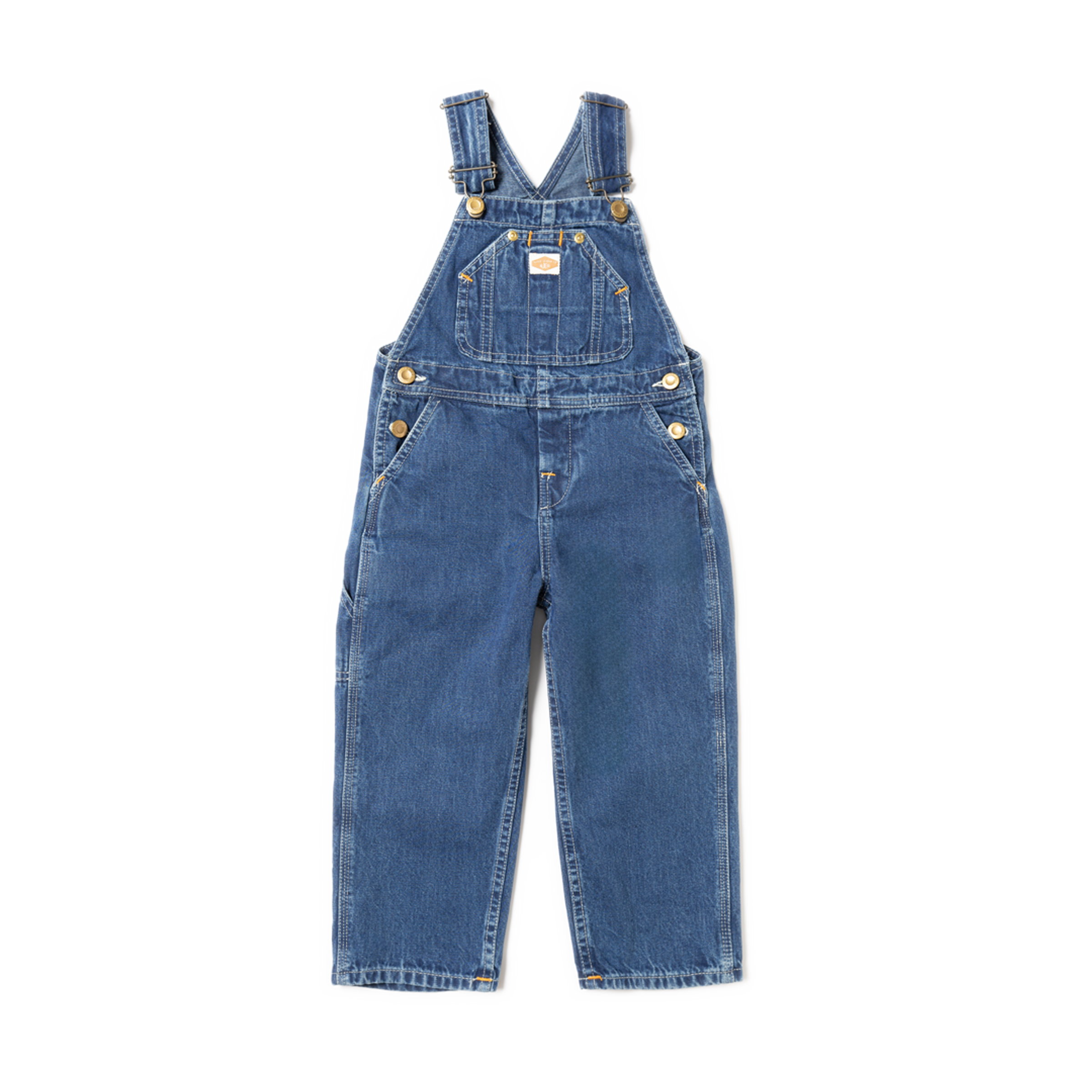 Nudie Jeans Dallas Dungarees in Utility Denim, kids' regular fit dungarees shown laid flat.