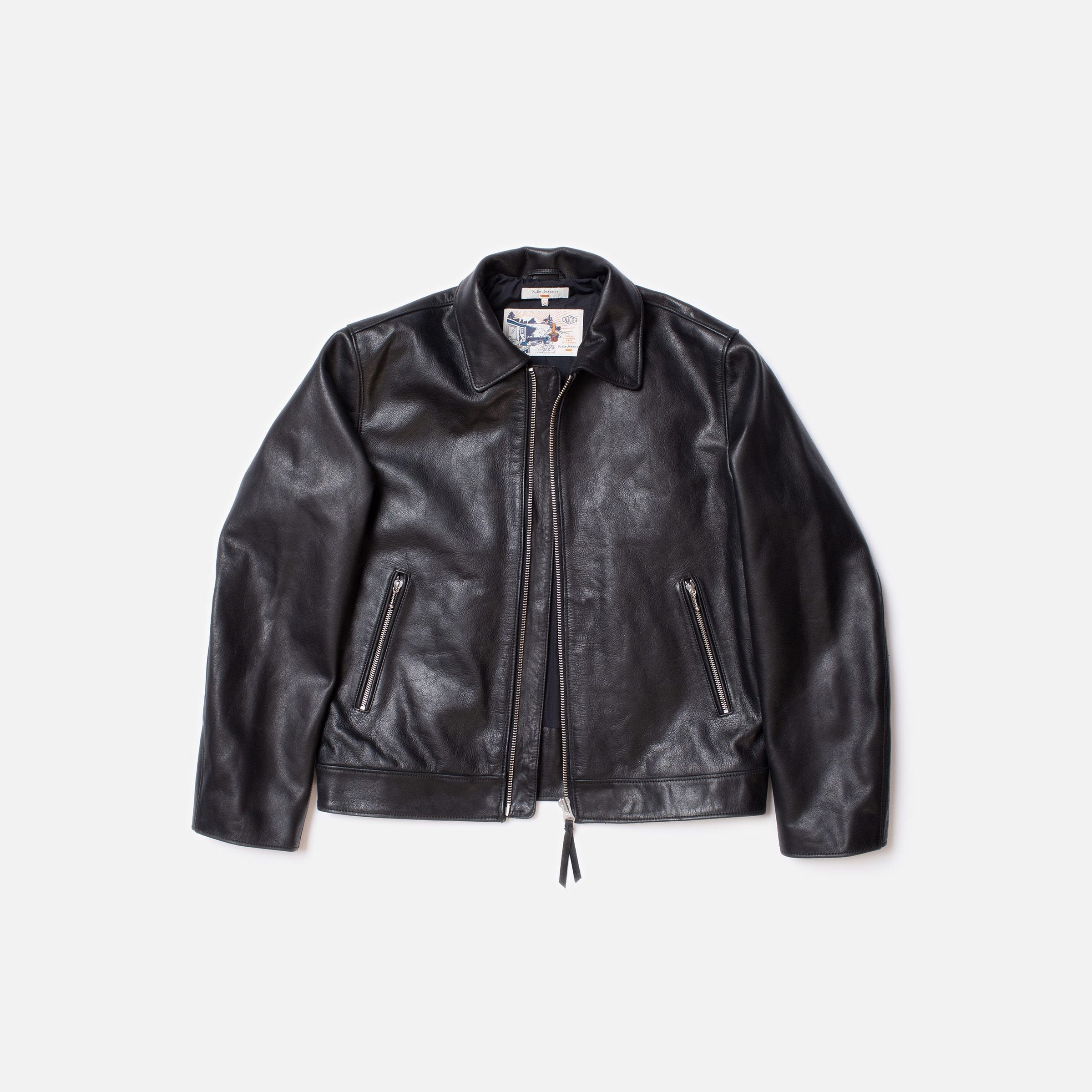 Nudie Jeans Eddy Rider Leather Jacket in Black, a men's leather jacket laid flat.