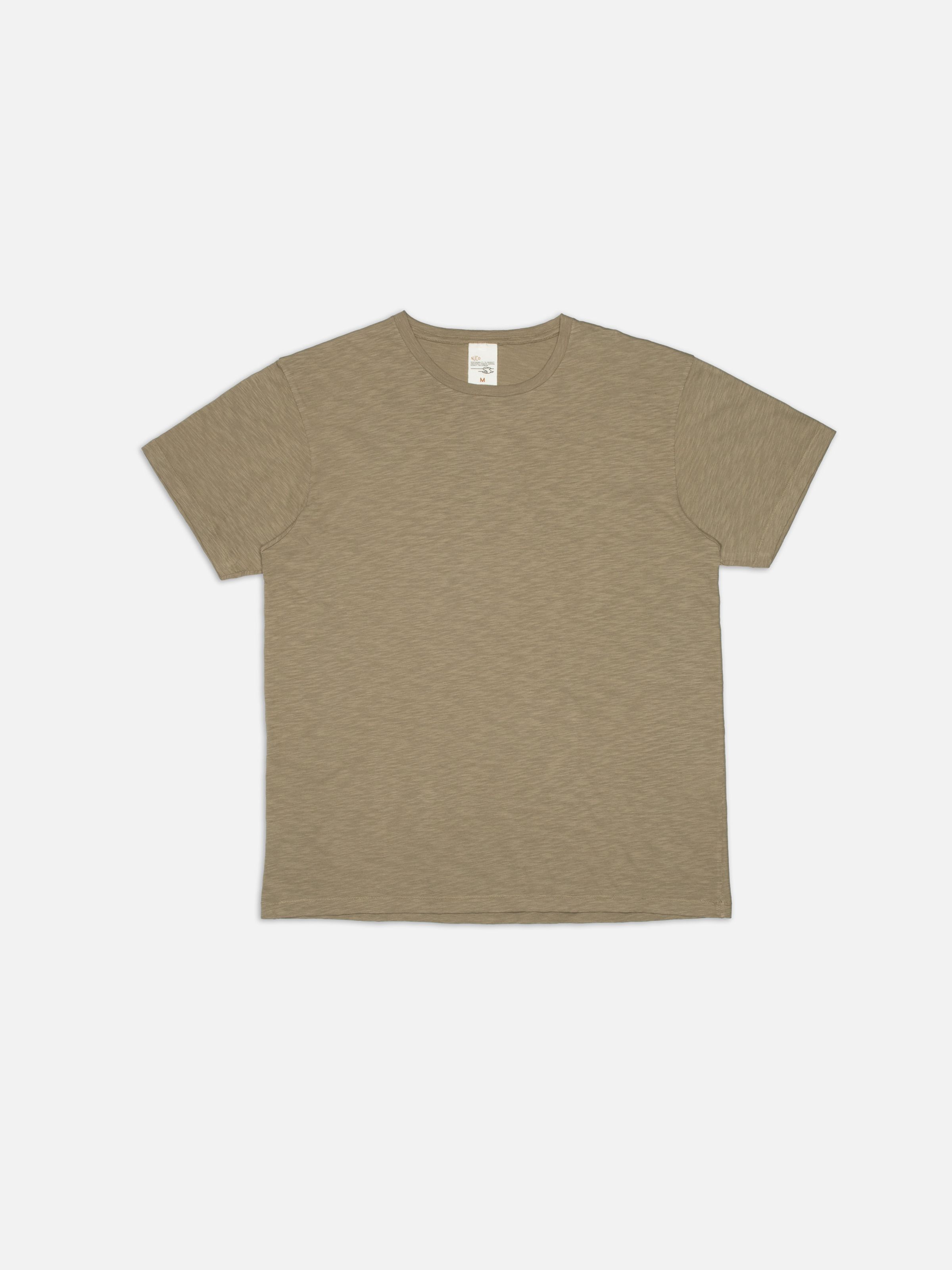 Nudie Jeans Roffe Slub T-Shirt in Desert, a men's regular fit t-shirt shown laid flat against a white background.