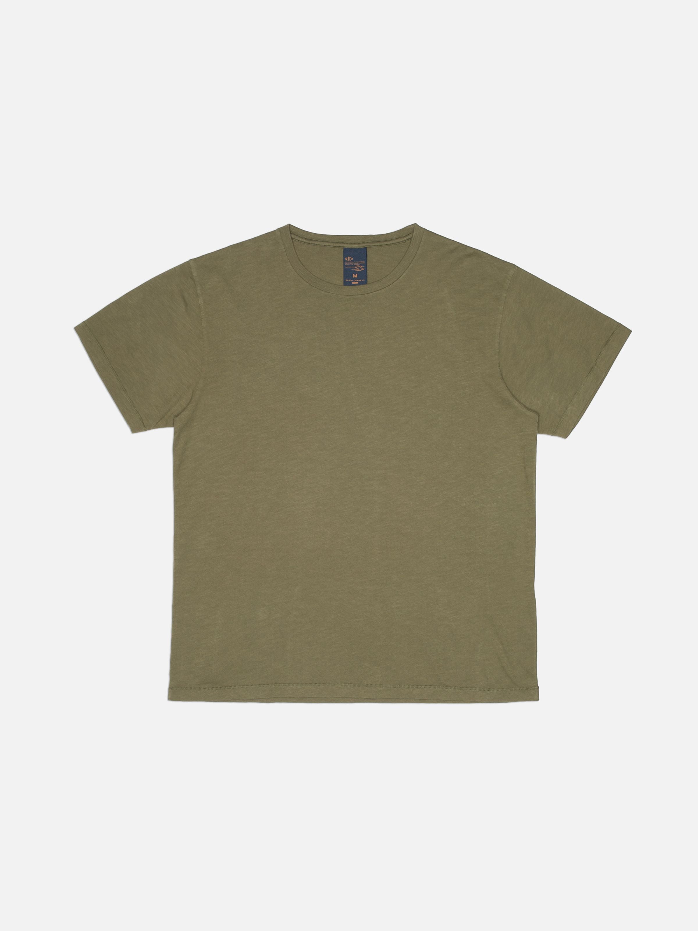 Nudie Jeans Roffe Slub T-Shirt in Olive Green, a regular fit organic cotton crew neck shown in a flatshot view.